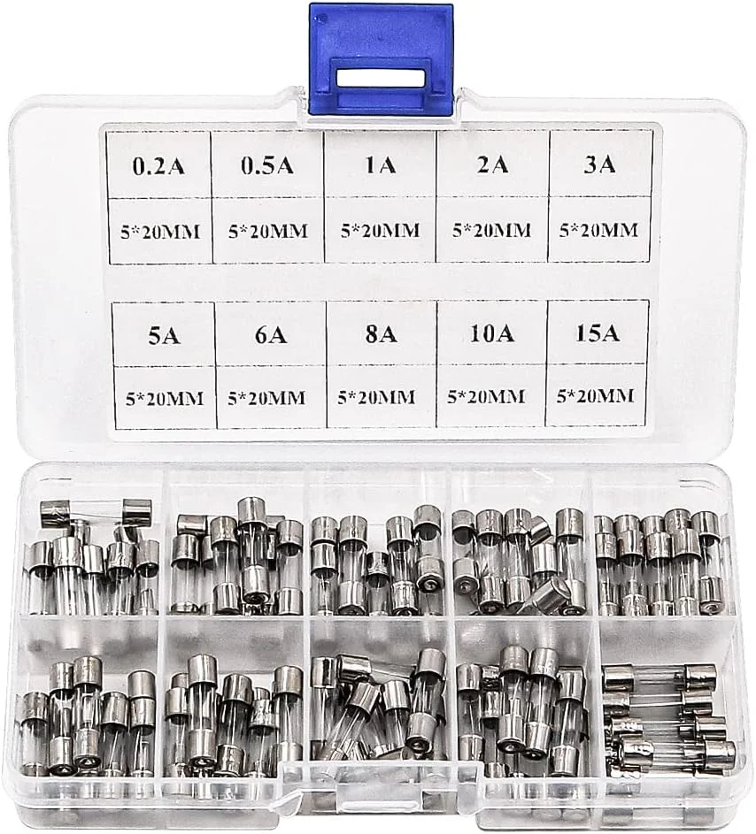 مجموعه 100 عددی فیوز شیشه ای سریع سوز NUZAMAS 5x20mm، شامل 0.2A، 0.5A، 1A، 2A، 3A، 5A، 6A، 8A، 10A، 15A