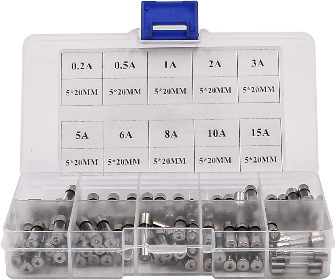 مجموعه 100 عددی فیوز شیشه ای سریع سوز NUZAMAS 5x20mm، شامل 0.2A، 0.5A، 1A، 2A، 3A، 5A، 6A، 8A، 10A، 15A مجموعه 100 عددی فیوز شیشه ای سریع سوز NUZAMAS 5x20mm، شامل 0.2A، 0.5A، 1A، 2A، 3A، 5A، 6A، 8A، 10A، 15A