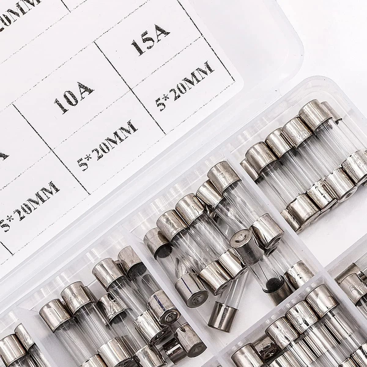 مجموعه 100 عددی فیوز شیشه ای سریع سوز NUZAMAS 5x20mm، شامل 0.2A، 0.5A، 1A، 2A، 3A، 5A، 6A، 8A، 10A، 15A مجموعه 100 عددی فیوز شیشه ای سریع سوز NUZAMAS 5x20mm، شامل 0.2A، 0.5A، 1A، 2A، 3A، 5A، 6A، 8A، 10A، 15A
