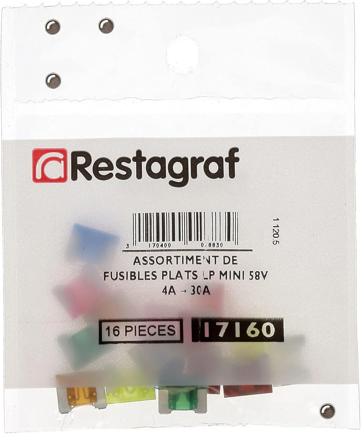 مجموعه فیوزهای مینیاتوری تخت Restagraf LP با ولتاژ 58 ولت و جریان 4 تا 30 آمپر، بسته 8 عددی مجموعه فیوزهای مینیاتوری تخت Restagraf LP با ولتاژ 58 ولت و جریان 4 تا 30 آمپر، بسته 8 عددی