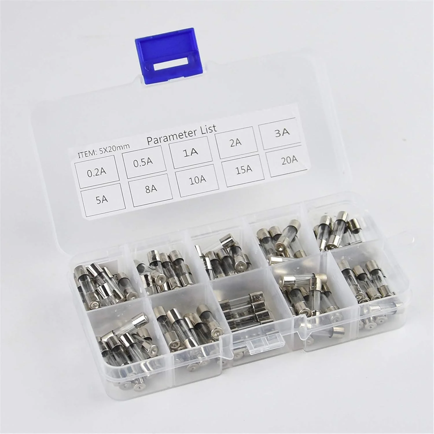 مجموعه فیوزهای متنوع DLRSET، مجموعه 100 عددی 5x20mm فیوز شیشه ای سریع سوز، مجموعه ترکیبی، فیوزهای شیشه ای سریع سوز 0.2A 0.5A 1A 2A 3A 5A 8A 10A 15A 20A
