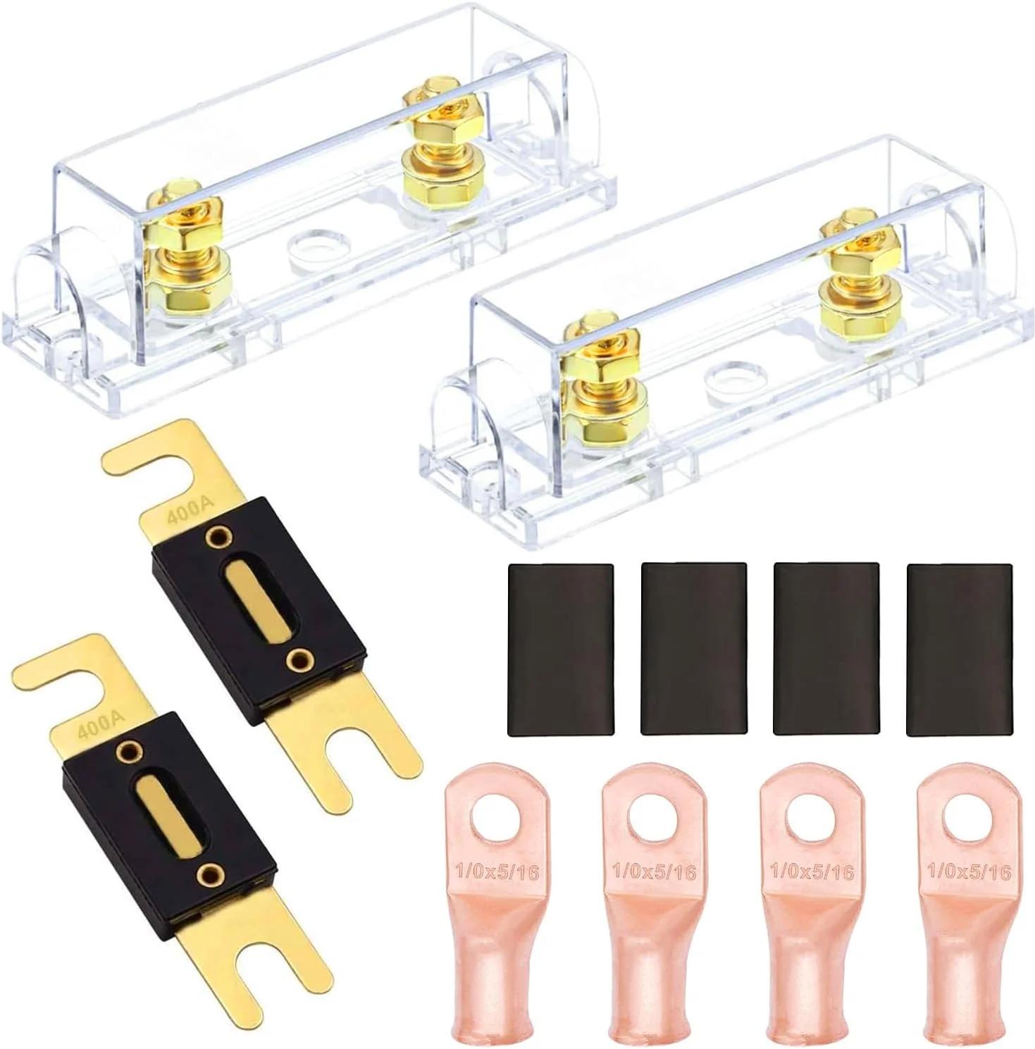 فیوز ANL 400 آمپر Smseace، 2 عدد به همراه 2 عدد هولدر فیوز ANL + ترمینال حلقه ای مسی 1/0AWGx5/16، 4 عدد به همراه 4 عدد لوله حرارتی جمع شونده برای 1/0، 2، 4AWG، مناسب برای سیستم صوتی خودرو و سایر کاربردها