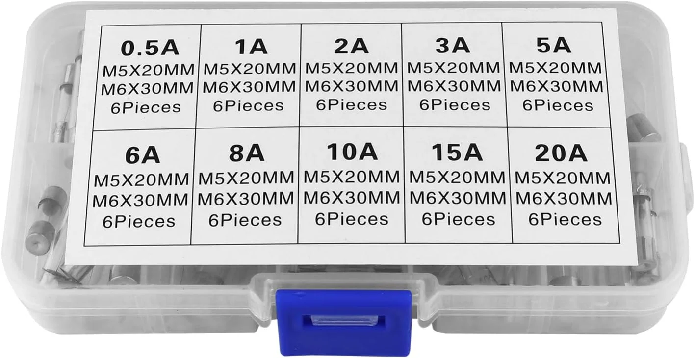 مجموعه 60 عددی فیوز شیشه ای 0.5 آمپر تا 20 آمپر، فیوزهای شیشه ای محافظ لوله ای، کیت متنوع فیوزهای شیشه ای سریع سوز 5x20mm و 6x30mm بسته بندی شده در جعبه پلاستیکی شفاف مجموعه 60 عددی فیوز شیشه ای 0.5 آمپر تا 20 آمپر، فیوزهای شیشه ای محافظ لوله ای، کیت متنوع فیوزهای شیشه ای سریع سوز 5x20mm و 6x30mm بسته بندی شده در جعبه پلاستیکی شفاف