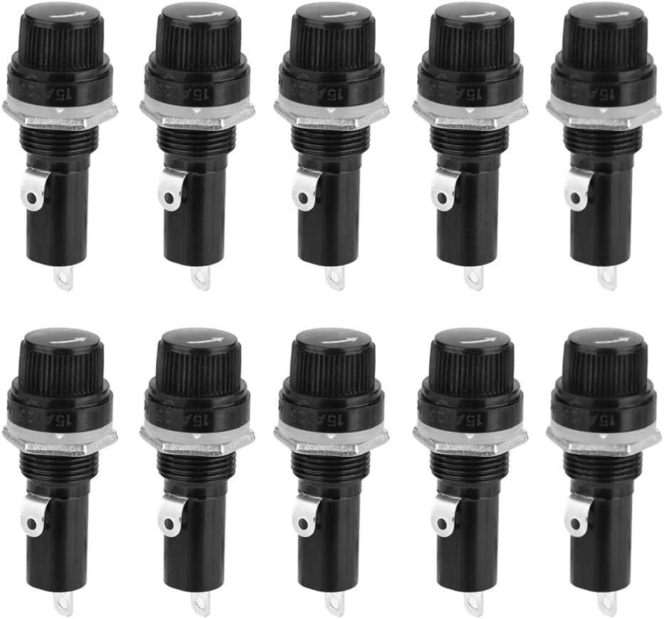10 عدد جا فیوزی 6 * 30، جا فیوزی نوع لوله ای تخت، جا فیوزی روکش پیچی نصب شده روی پنل مشکی 10 آمپر 250 ولت