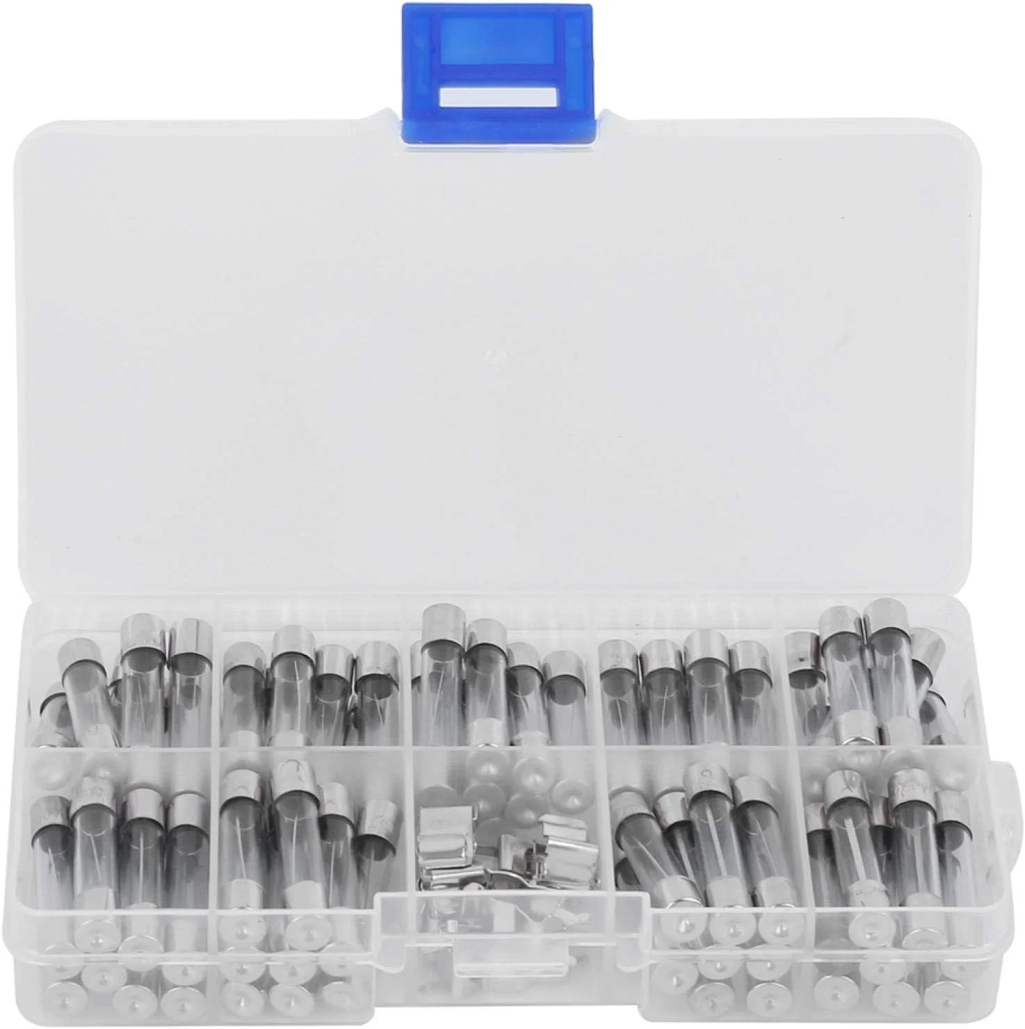 کیت فیوز شیشه ای 82 عددی، فیوز لوله ای 6x30mm با عملکرد سریع، مناسب خودرو، با ولتاژ 250 ولت و آمپراژ 0.5 تا 30 آمپر به همراه جعبه نگهدارنده فیوز