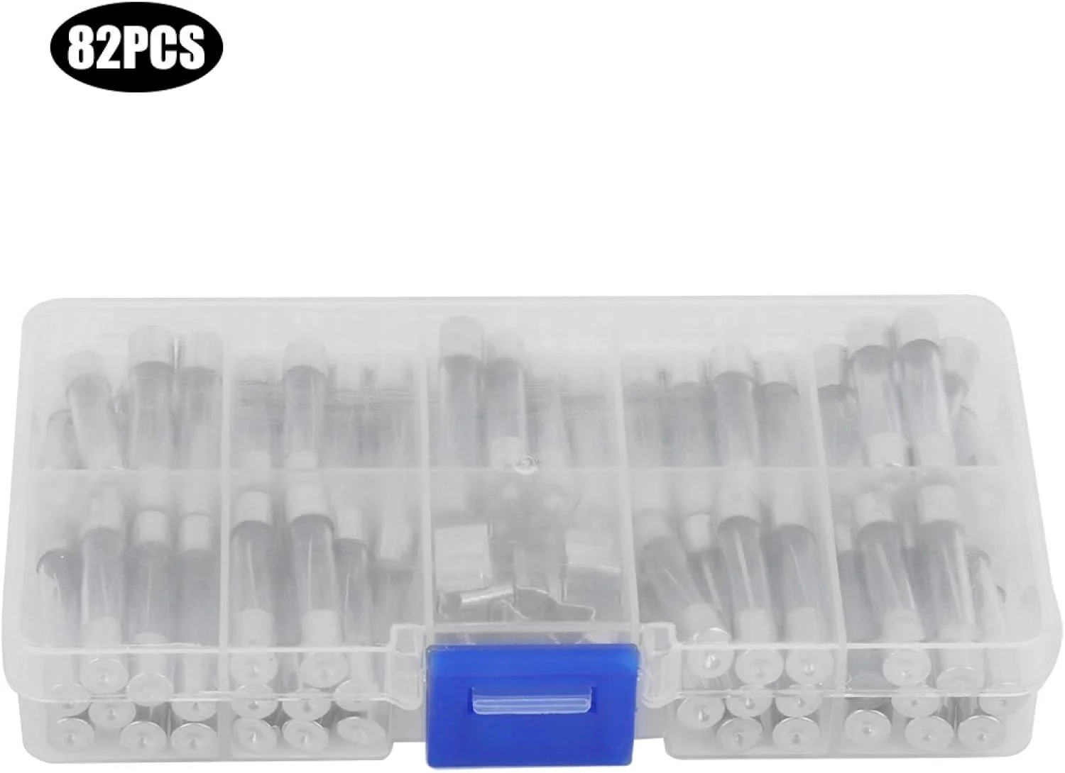 کیت فیوز شیشه ای 82 عددی، فیوز لوله ای 6x30mm با عملکرد سریع، مناسب خودرو، با ولتاژ 250 ولت و آمپراژ 0.5 تا 30 آمپر به همراه جعبه نگهدارنده فیوز