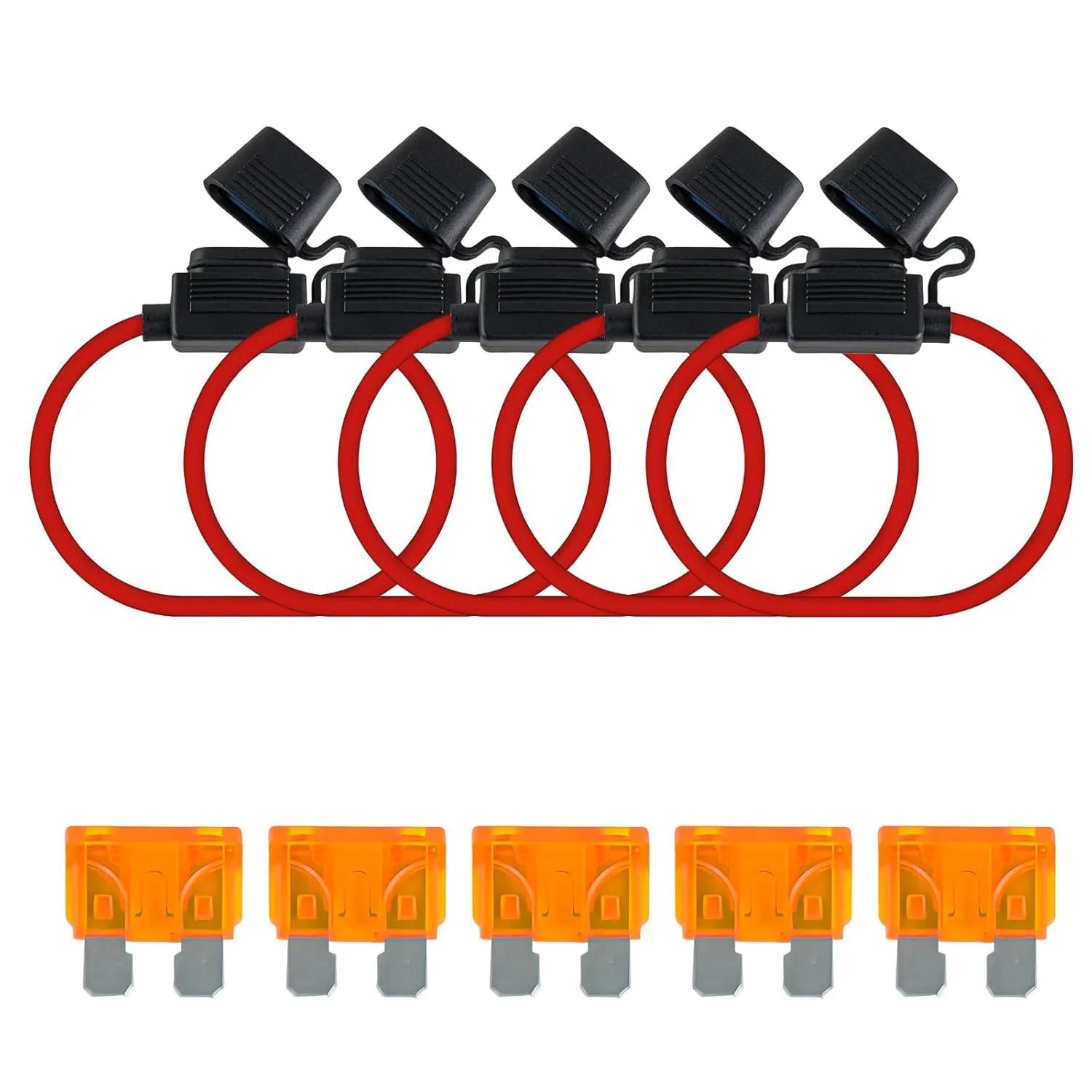 هولدر فیوز خطی MuHize بسته 5 عددی 12AWG، هولدر فیوز تیغه ای ضد آب خودرو با فیوزهای استاندارد 5 آمپر ATC/ATO، هولدر فیوز خطی برای خودرو، دریایی، RV
