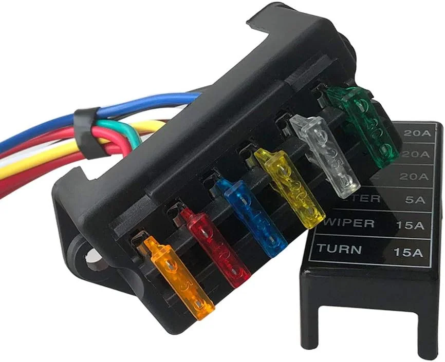 جعبه فیوز تیغه ای خودرو 6 راهه ممتاز، 2 ورودی 6 خروجی نگهدارنده فیوز تیغه ای استاندارد، با سیم و 10 عدد فیوز تیغه ای استاندارد رایگان، برای خودرو، قایق، دریایی، سه چرخه (12 ولت / 24 ولت / 32 ولت / 48 ولت)