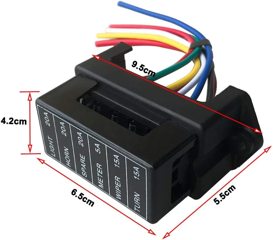 جعبه فیوز تیغه ای خودرو 6 راهه ممتاز، 2 ورودی 6 خروجی نگهدارنده فیوز تیغه ای استاندارد، با سیم و 10 عدد فیوز تیغه ای استاندارد رایگان، برای خودرو، قایق، دریایی، سه چرخه (12 ولت / 24 ولت / 32 ولت / 48 ولت)