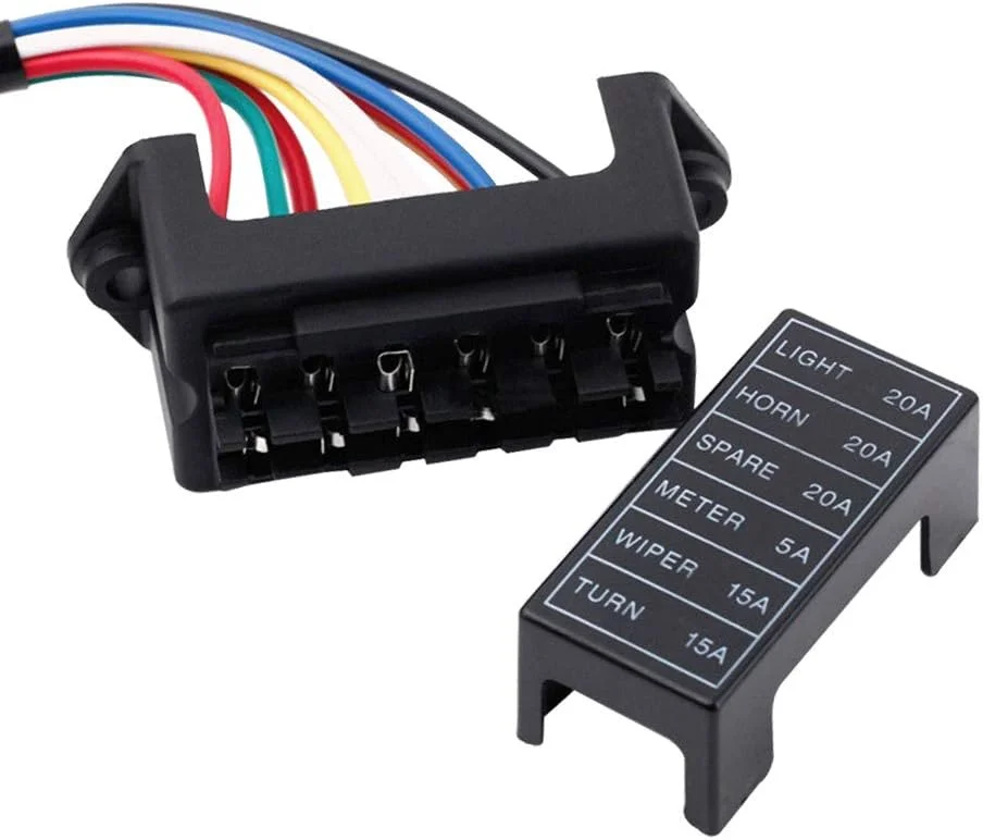 جعبه فیوز تیغه ای خودرو 6 راهه ممتاز، 2 ورودی 6 خروجی نگهدارنده فیوز تیغه ای استاندارد، با سیم و 10 عدد فیوز تیغه ای استاندارد رایگان، برای خودرو، قایق، دریایی، سه چرخه (12 ولت / 24 ولت / 32 ولت / 48 ولت)