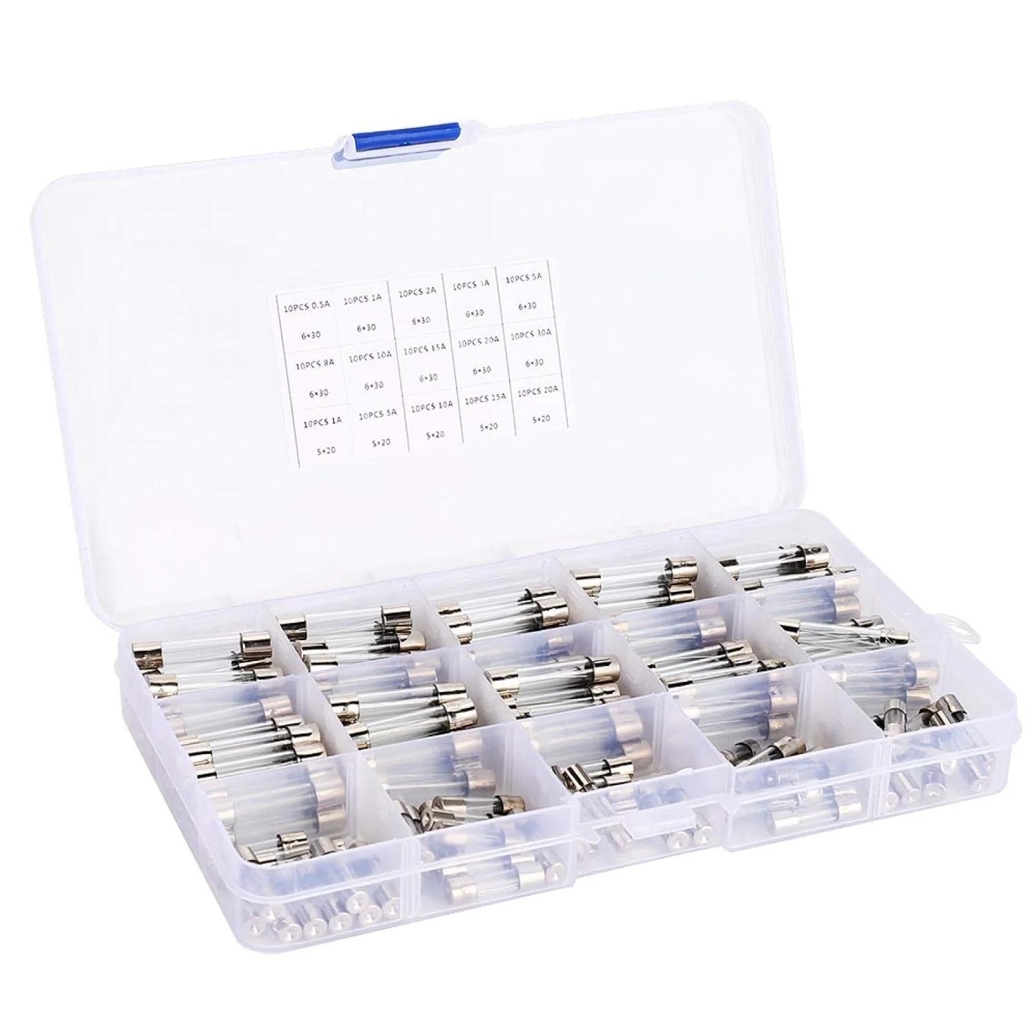 مجموعه فیوز شیشه‌ای XRTLYH، فیوز شیشه‌ای 6x30 میلی‌متر - 150 عدد، مجموعه فیوز لوله‌ای شیشه‌ای 6x30 میلی‌متر 0.5 آمپر/1 آمپر/2 آمپر/3 آمپر/5 آمپر/8 آمپر/10 آمپر/15 آمپر/20 آمپر/30 آمپر، 5x20 میلی‌متر 1 آمپر/5 آمپر/10 آمپر/15 آمپر/20 آمپر