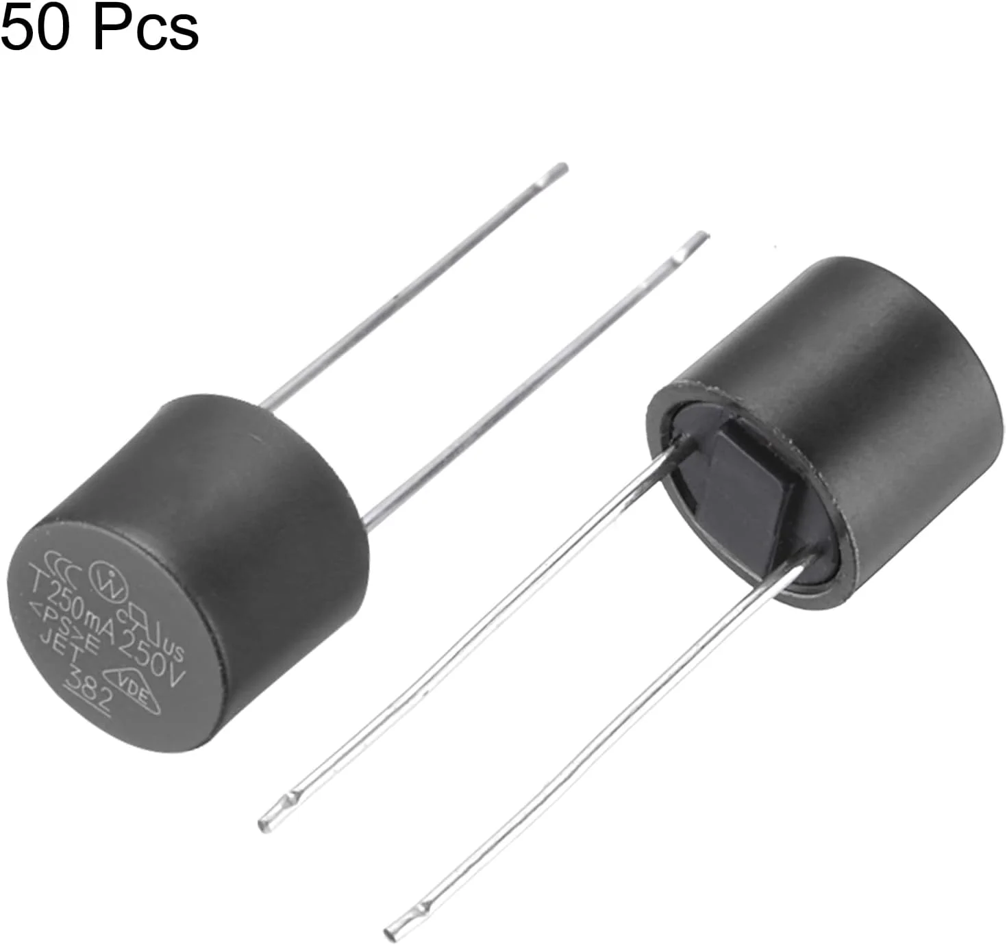 کوآرکزمان بسته 50 عددی فیوز استوانه ای مینیاتوری DIP نصب شده، فیوزهای مینیاتوری گرد با تاخیر، مجموعه فیوزهای ظریف میکرو برای قطعات الکترونیکی تعمیرات PCB LCD، T250mA 250mA 250V، مشکی