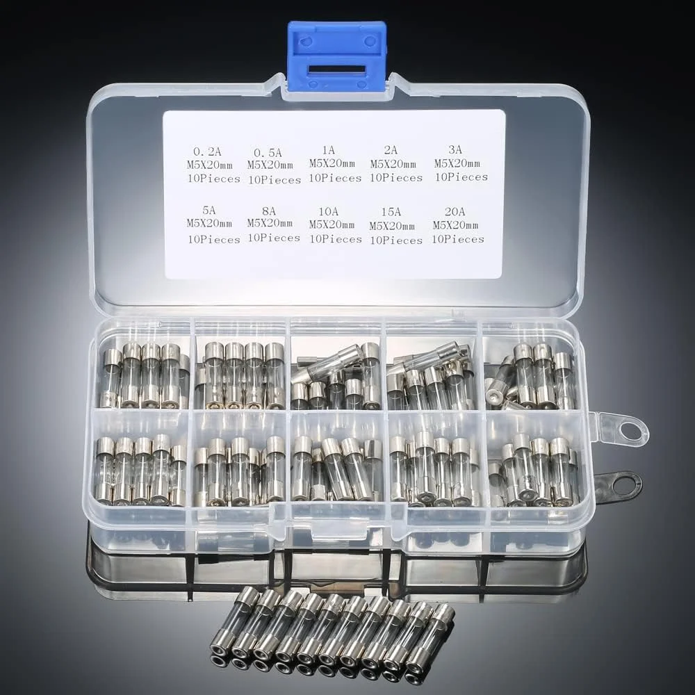 مجموعه 100 عددی فیوز شیشه ای سریع سوز Irovami، 5x20mm، آمپر 0.2A 0.5A 1A 2A 3A 5A 8A 10A 20A مجموعه 100 عددی فیوز شیشه ای سریع سوز Irovami، 5x20mm، آمپر 0.2A 0.5A 1A 2A 3A 5A 8A 10A 20A