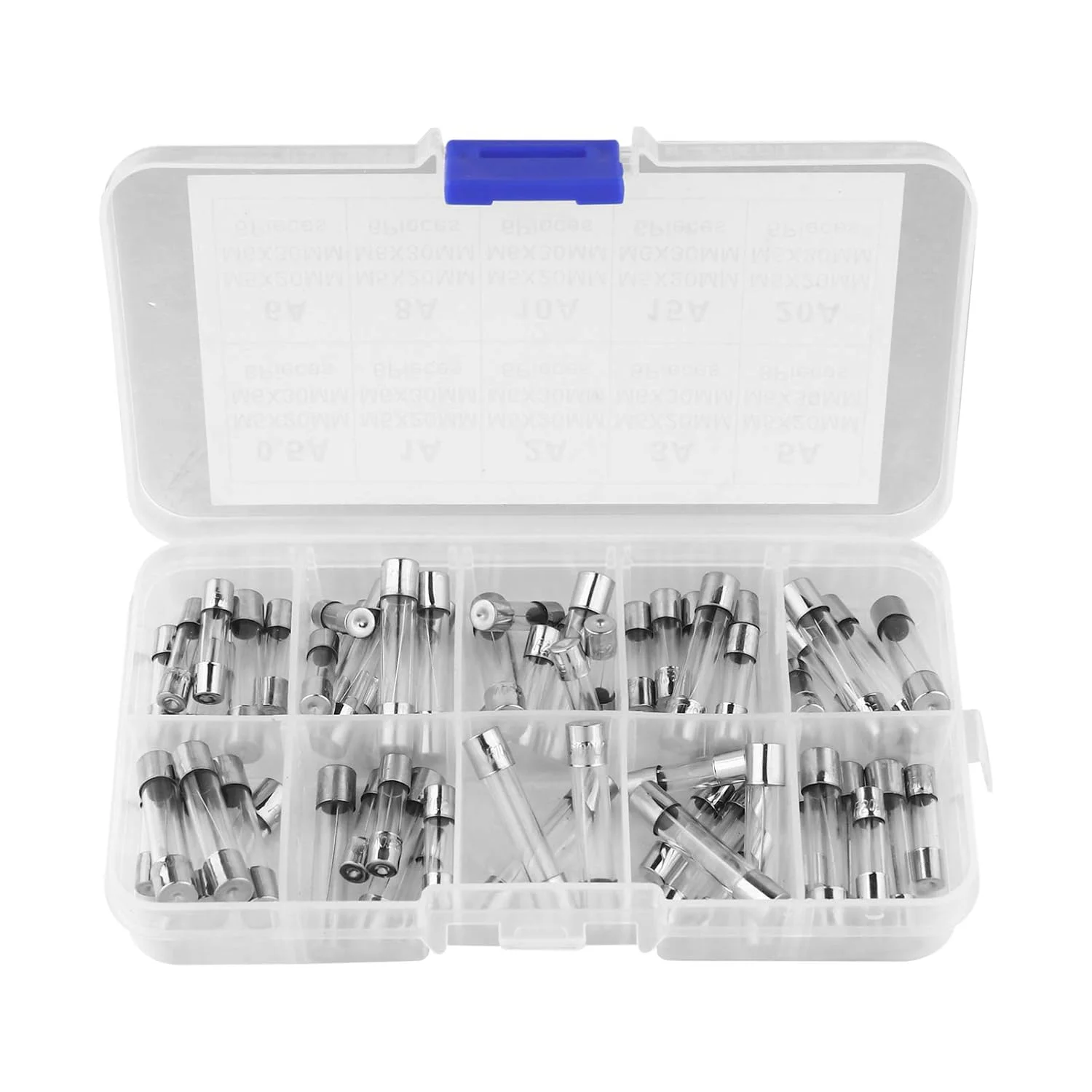 جعبه فیوز شیشه ای 60 عددی 0.5A-20A، فیوزهای شیشه ای محافظ، فیوزهای شیشه ای سریع سوز، کیت متنوع 5x20mm و 6x30mm بسته بندی شده در جعبه پلاستیکی شفاف