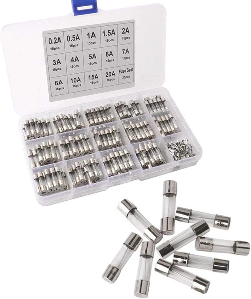 فیوزهای شیشه‌ای سرعتی 210 عددی خودرو 5x20 میلی‌متر، همراه با 20 عدد پایه فیوز (آمپر: 0.2/0.5/1/1.5/2/3/4/5/6/7/8/10/15/20 آمپر)