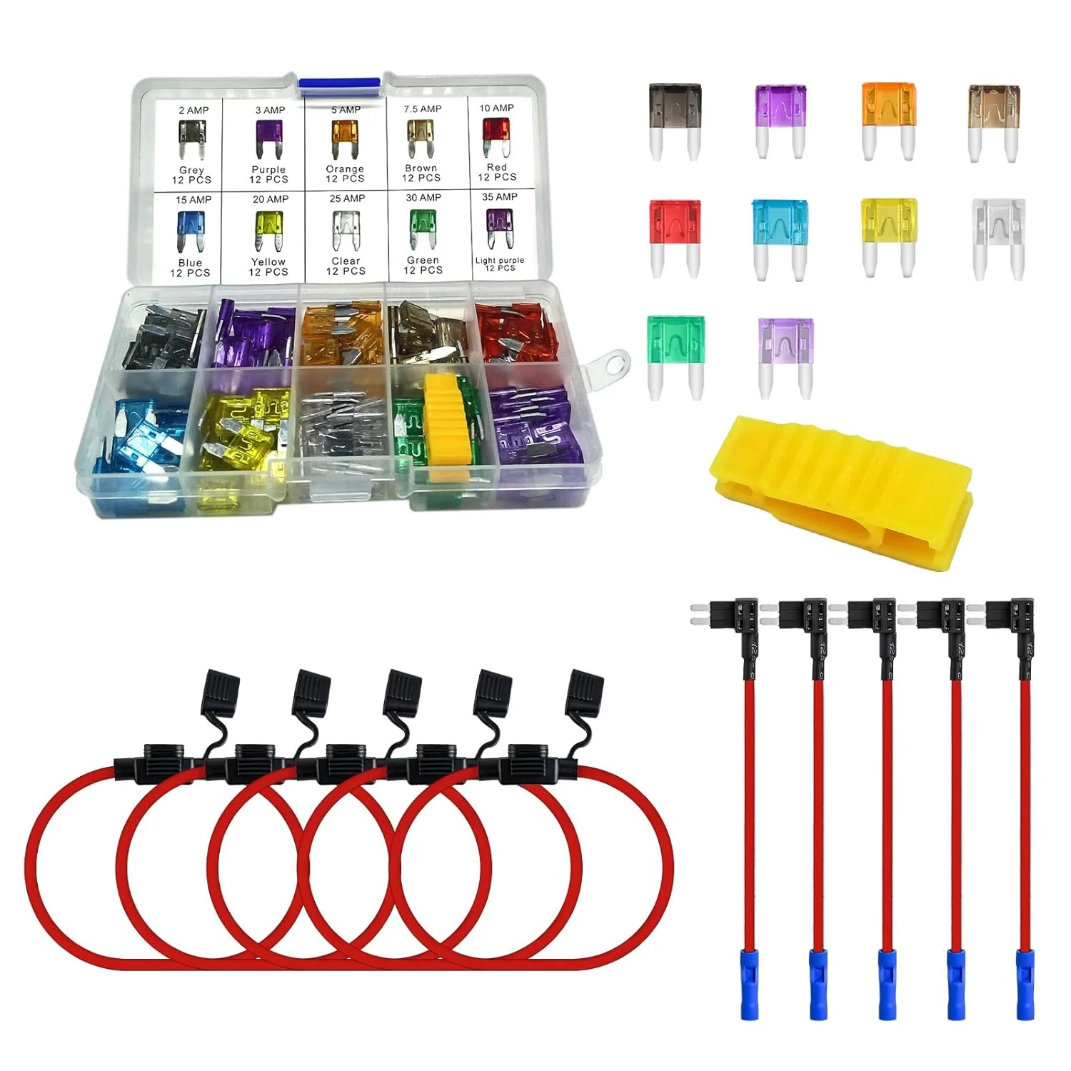 کیت شیر فیوز مینی MuHize بسته 5 عددی، نگهدارنده فیوزهای 14AWG خطی، شیرهای فیوز ارتقا یافته با 120 عدد فیوز مینی (2A/3A/5A/7.5A/10A/15A/20A/25A/30A/35A) برای خودرو و کمپر