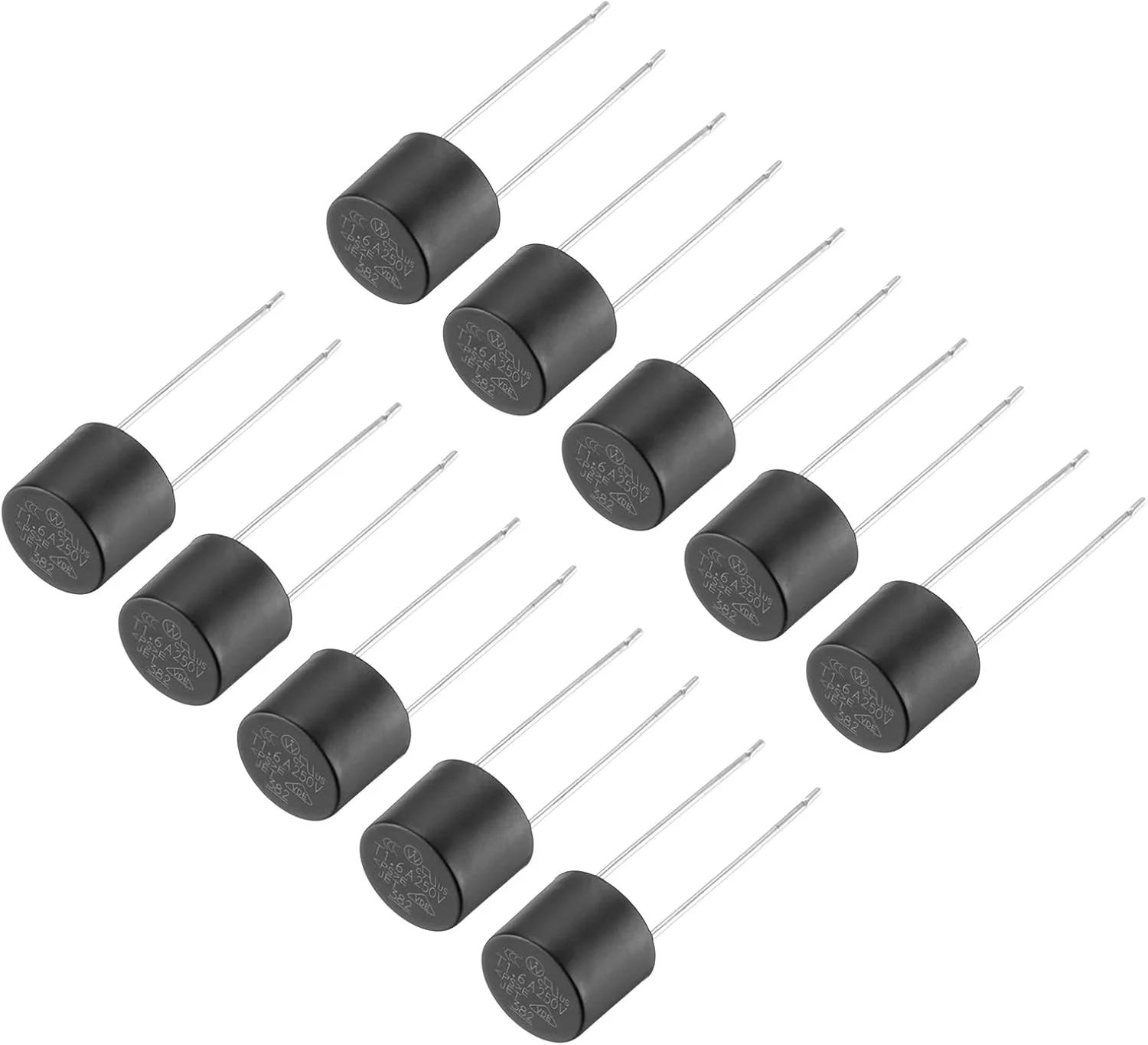 کوآرکزمان بسته 10 عددی فیوز استوانه ای مینیاتوری DIP نصب شده، فیوزهای تاخیری گرد مینیاتوری، مجموعه فیوزهای میکرو برای قطعات الکترونیکی تعمیرات PCB LCD، 1.6 آمپر 250 ولت، مشکی