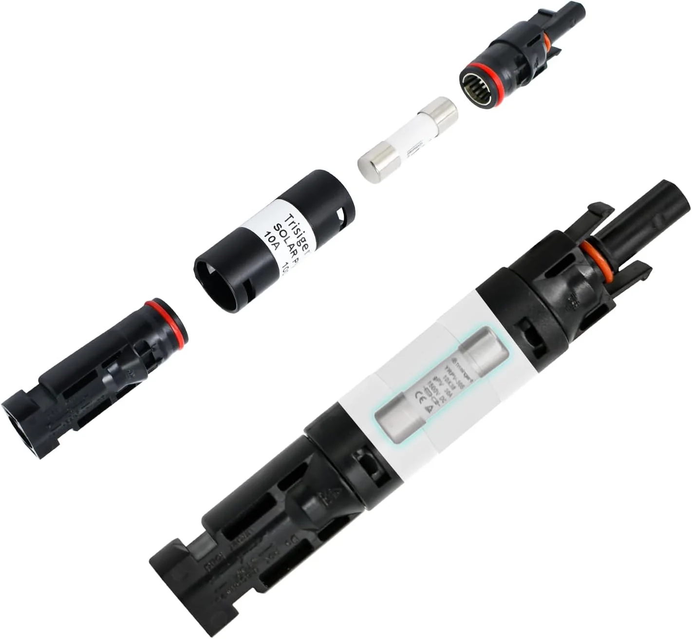 کانکتور نگهدارنده فیوز Trisinger، 1000VDC IP68 ضد آب 10A 15A 20A 30A فیوز خطی، برای سیستم فتوولتائیک خورشیدی، با 1 فیوز 10X38mm (10A)