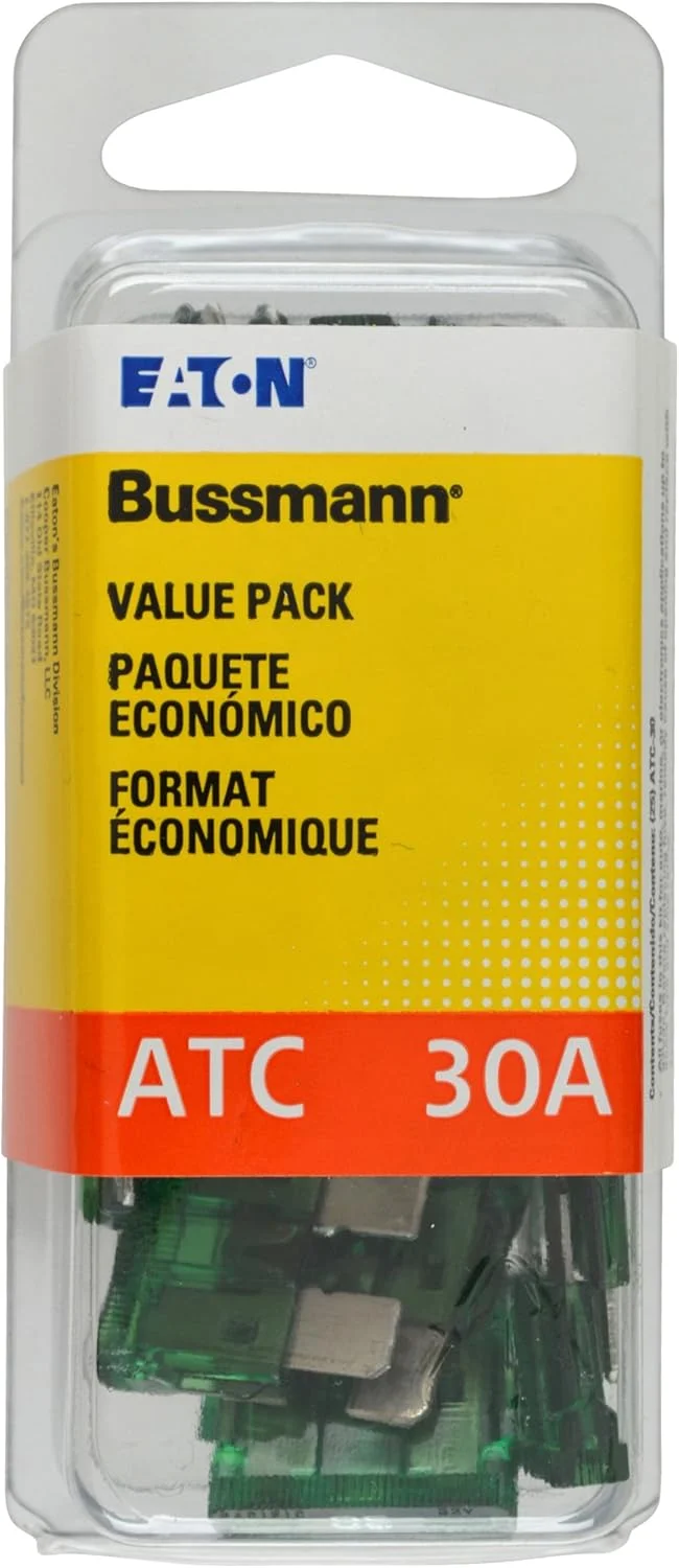 فیوز تیغه ای ای تی سی 30 آمپر 32 ولت سبز رنگ Bussmann (VP/ATC-30-RP) با عملکرد سریع، (بسته 25 عددی)