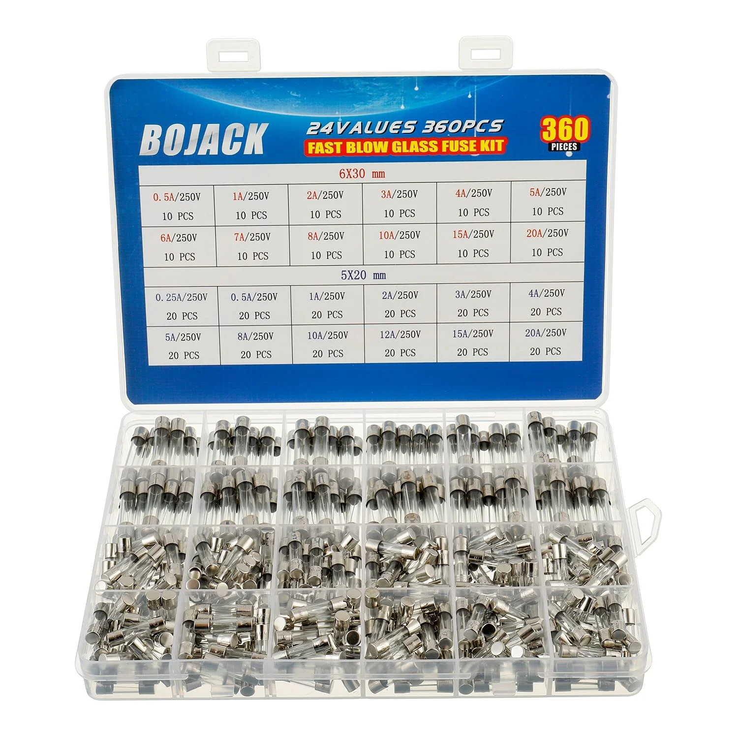 کیت متنوع فیوز شیشه ای سریع سوز BOJACK با 24 مقدار، 360 عدد، 5x20mm 250V 0.25 0.5 1 2 3 4 5 8 10 12 15 20A 6x30mm 250V 0.5 1 2 3 4 5 6 7 8 10 15 20 آمپر، بسته بندی شده در جعبه پلاستیکی شفاف