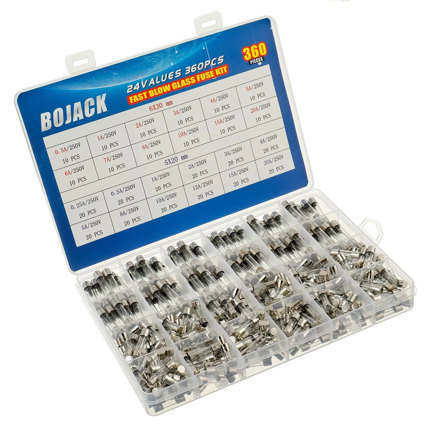 کیت متنوع فیوز شیشه ای سریع سوز BOJACK با 24 مقدار، 360 عدد، 5x20mm 250V 0.25 0.5 1 2 3 4 5 8 10 12 15 20A 6x30mm 250V 0.5 1 2 3 4 5 6 7 8 10 15 20 آمپر، بسته بندی شده در جعبه پلاستیکی شفاف
