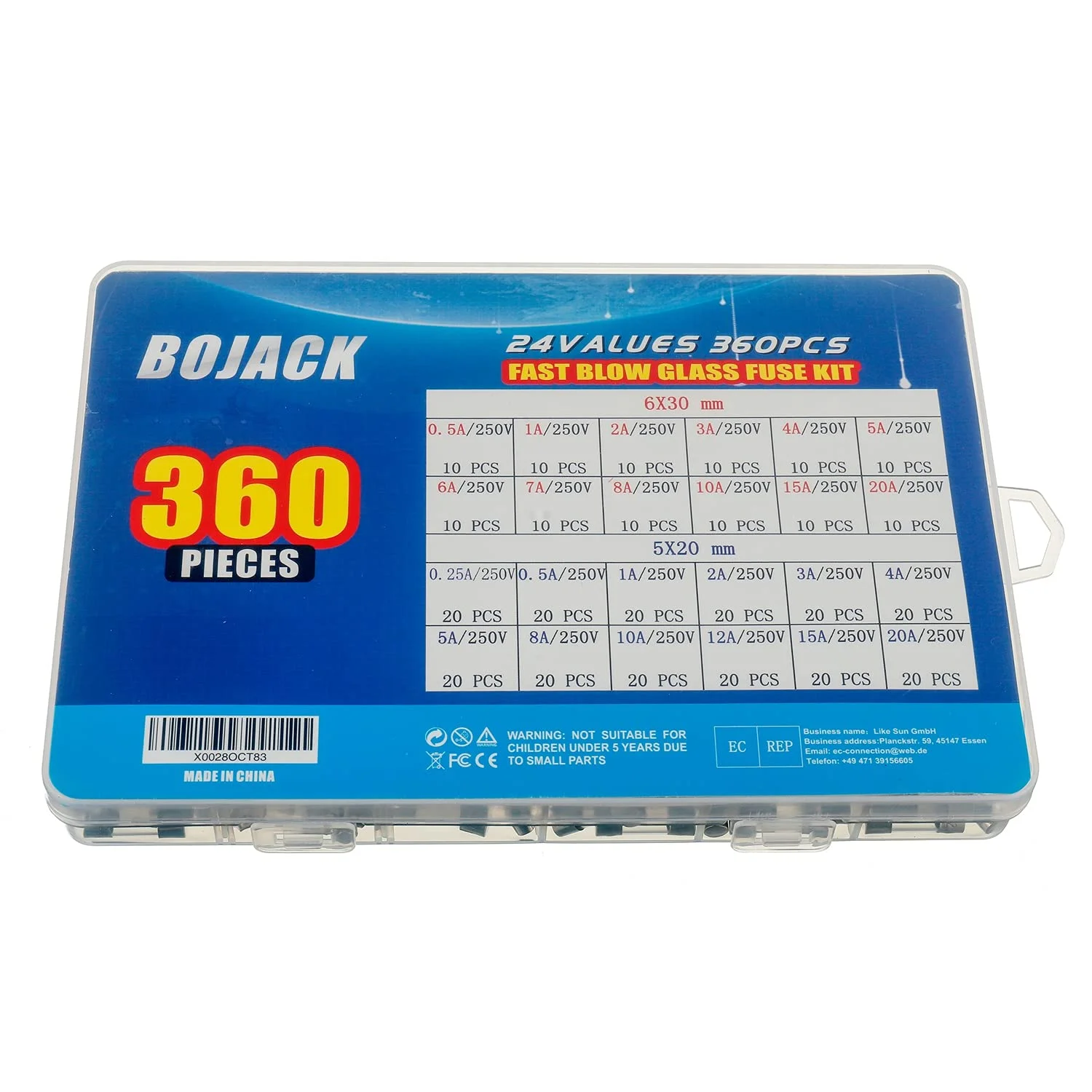 کیت متنوع فیوز شیشه ای سریع سوز BOJACK با 24 مقدار، 360 عدد، 5x20mm 250V 0.25 0.5 1 2 3 4 5 8 10 12 15 20A 6x30mm 250V 0.5 1 2 3 4 5 6 7 8 10 15 20 آمپر، بسته بندی شده در جعبه پلاستیکی شفاف