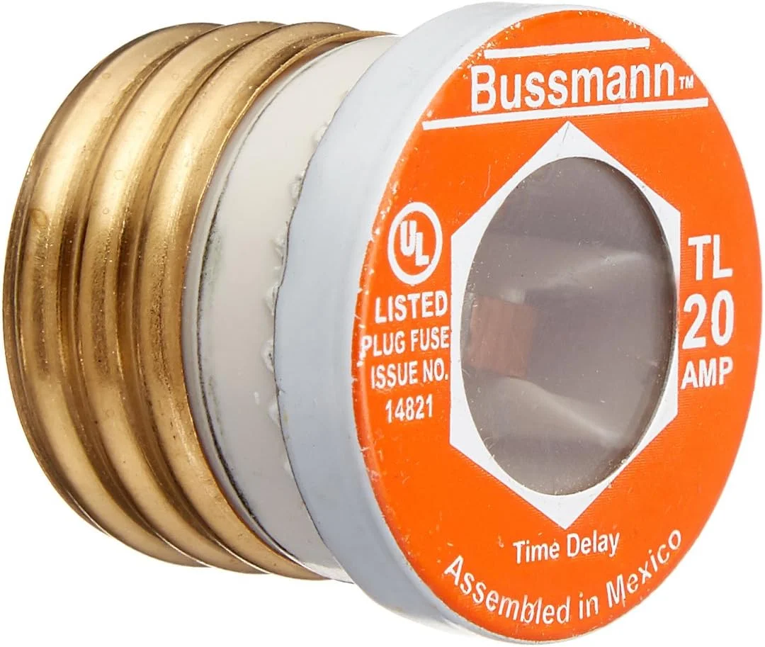 فیوز تاخیری 20 آمپر Bussmann BP/TL-20، فیوز پلاگین پایه ادیسون با لینک بارگذاری شده، 125 ولت دارای لیست UL، بسته بندی کارت شده، 1 بلیستر شامل 3 فیوز