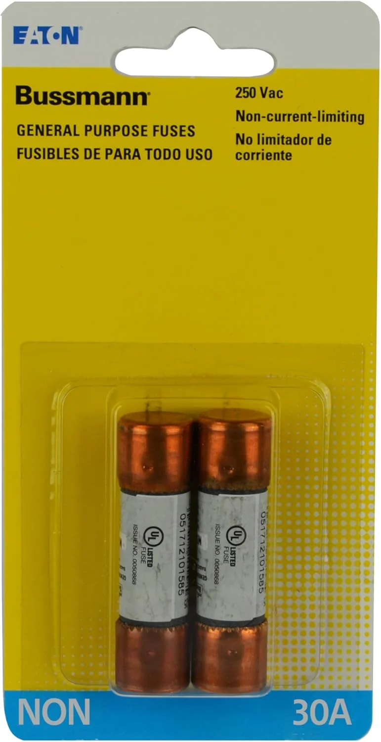 فیوز کارتریجی یکبار مصرف 30 آمپر Bussmann BP/NON-30، غیر محدود کننده جریان، کلاس K5، 250 ولت، دارای لیست UL، بسته 2 عددی