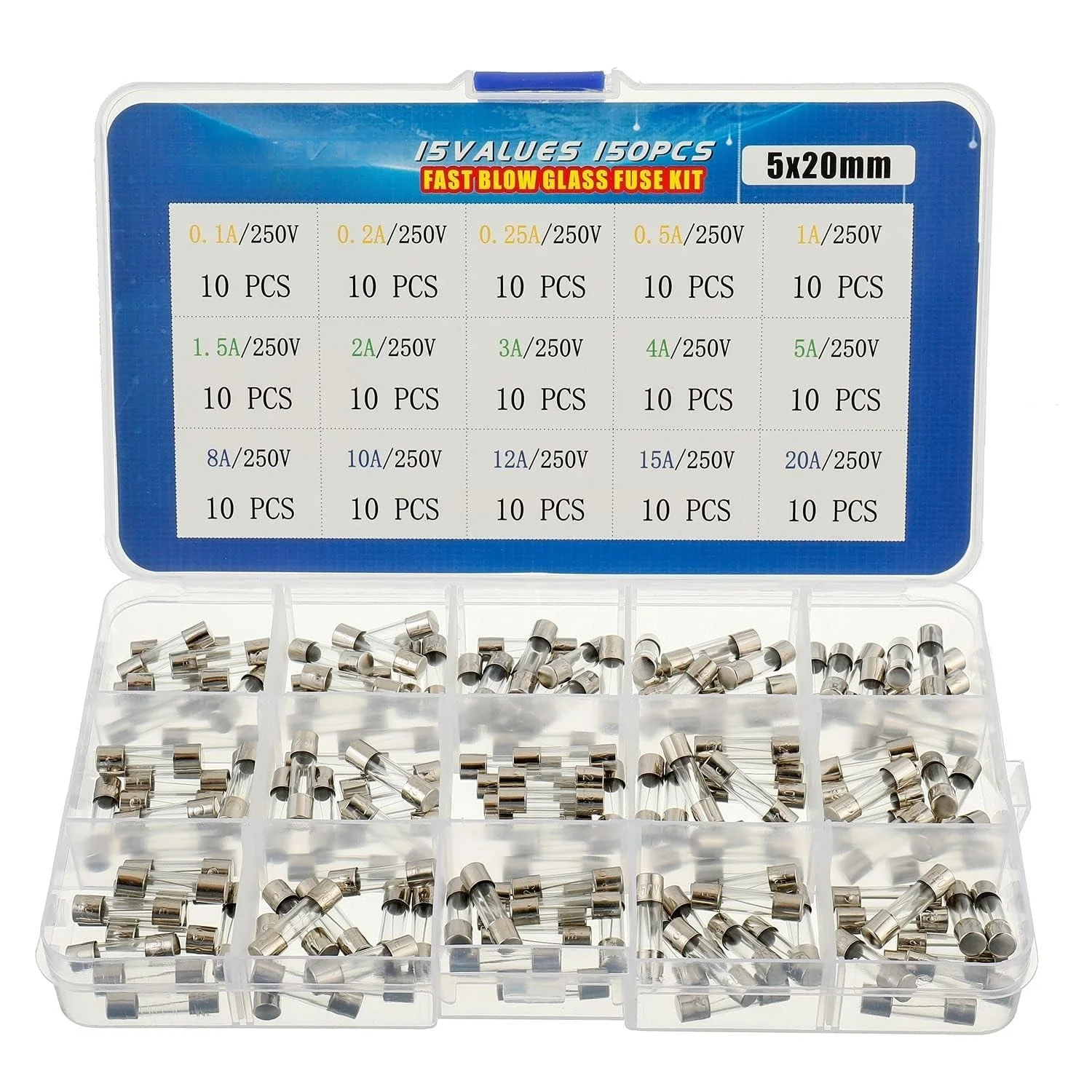 کیت مجموعه فیوزهای شیشه ای سریع سوز 15 مقدار 150 عددی 5x20 میلی متر 250 ولت 0.1 0.2 0.25 0.5 1 1.5 2 3 4 5 8 10 12 15 20 آمپر بسته بندی شده در جعبه پلاستیکی شفاف