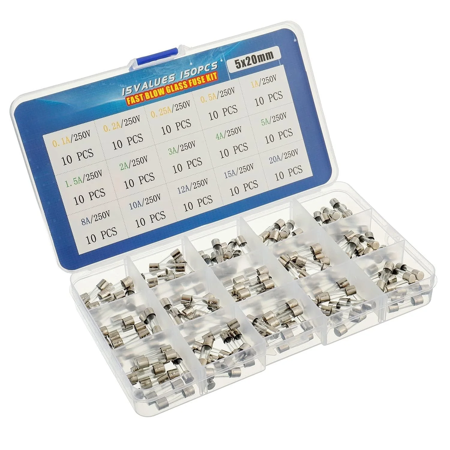 کیت مجموعه فیوزهای شیشه ای سریع سوز 15 مقدار 150 عددی 5x20 میلی متر 250 ولت 0.1 0.2 0.25 0.5 1 1.5 2 3 4 5 8 10 12 15 20 آمپر بسته بندی شده در جعبه پلاستیکی شفاف کیت مجموعه فیوزهای شیشه ای سریع سوز 15 مقدار 150 عددی 5x20 میلی متر 250 ولت 0.1 0.2 0.25 0.5 1 1.5 2 3 4 5 8 10 12 15 20 آمپر بسته بندی شده در جعبه پلاستیکی شفاف