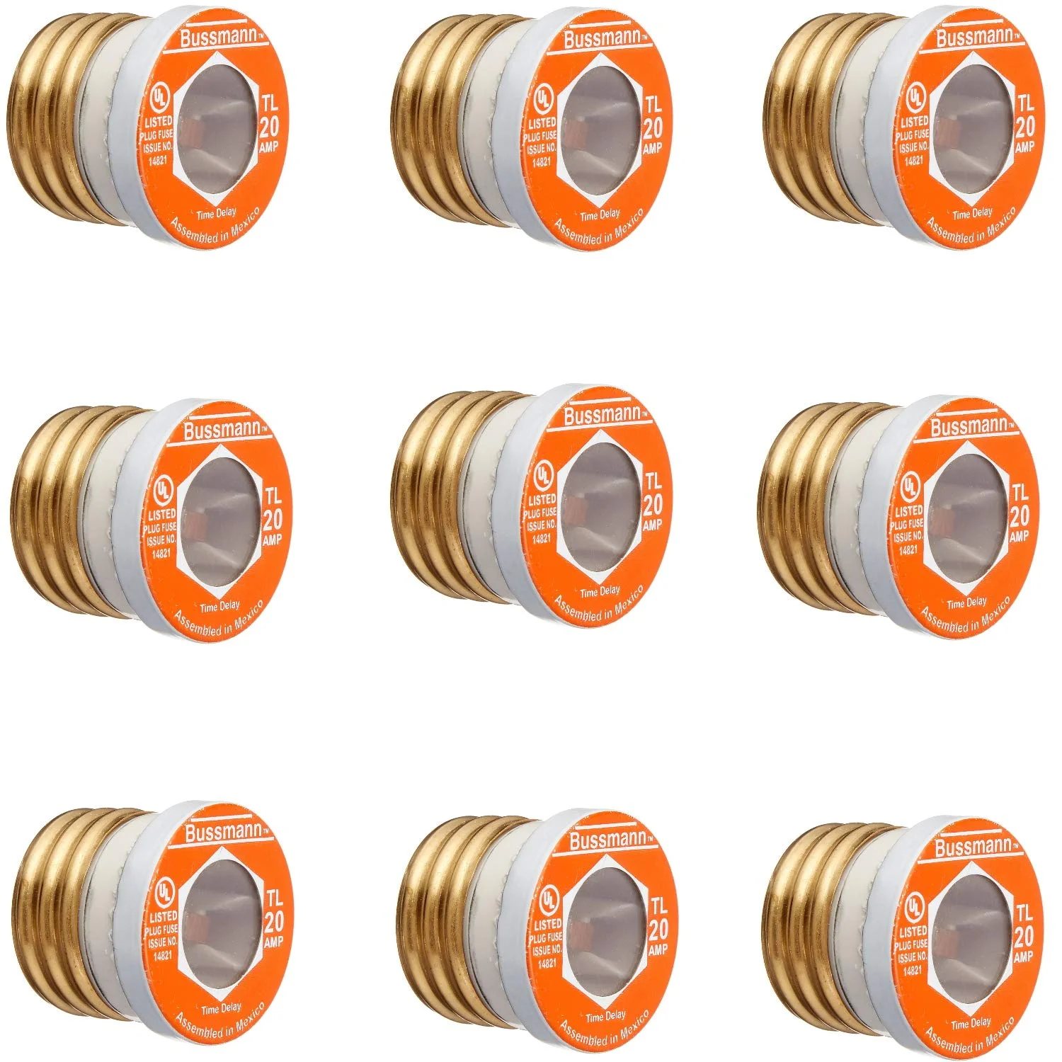 فیوز تاخیری 20 آمپر Bussmann BP/TL-20، فیوز پلاگین پایه ادیسون با کانکتور نصب شده، دارای گواهینامه UL 125 ولت، بسته بندی 3 عددی (مجموعا 9 فیوز)