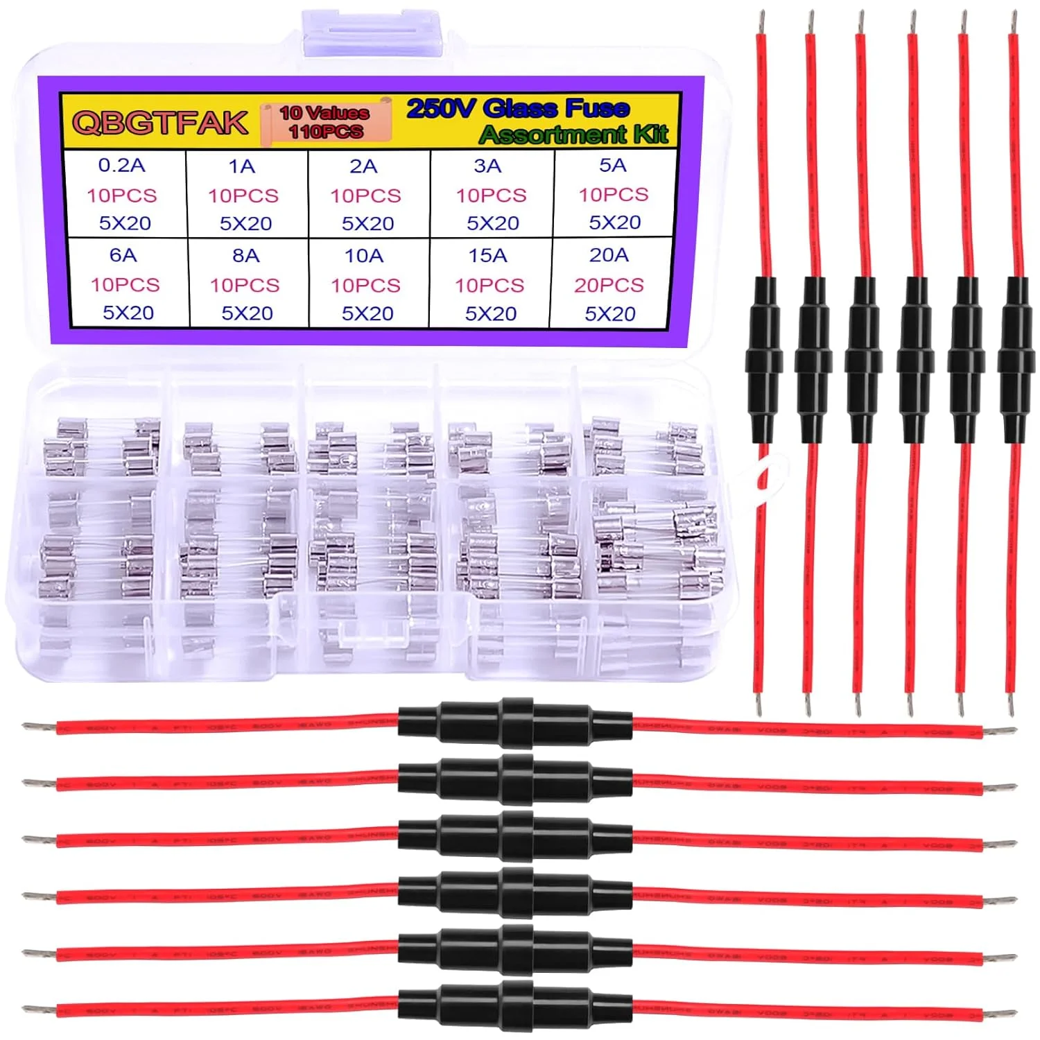 تد لِله 12 عدد هولدر فیوز AGC مدل 5x20mm نوع پیچی درون خطی با سیم 16 AWG + کیت متنوع 110 عددی فیوز شیشه ای سریع سوز 250 ولت 0.2 آمپر 1 آمپر 2 آمپر 3 آمپر 5 آمپر 6 آمپر 8 آمپر 10 آمپر 15 آمپر 20 آمپر 5x20mm (فیوز + سیم 16 AWG)
