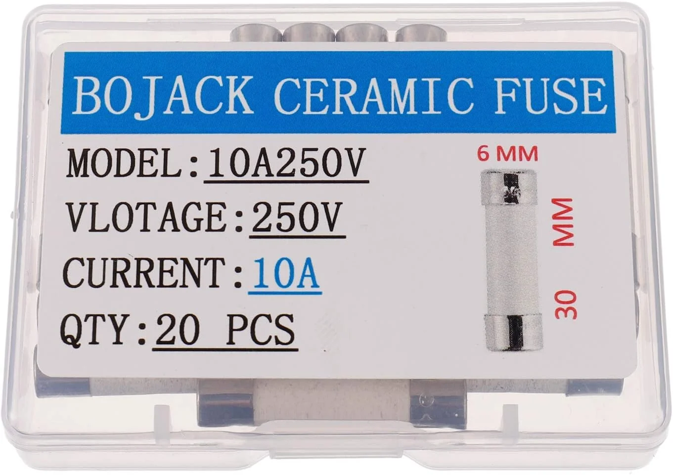 فیوزهای سرامیکی تاخیری BOJACK T10A250V 6x30mm 10A 250V، 10 آمپر 250 ولت، 0.24 x 1.18 اینچ (بسته 20 عددی) فیوزهای سرامیکی تاخیری BOJACK T10A250V 6x30mm 10A 250V، 10 آمپر 250 ولت، 0.24 x 1.18 اینچ (بسته 20 عددی)