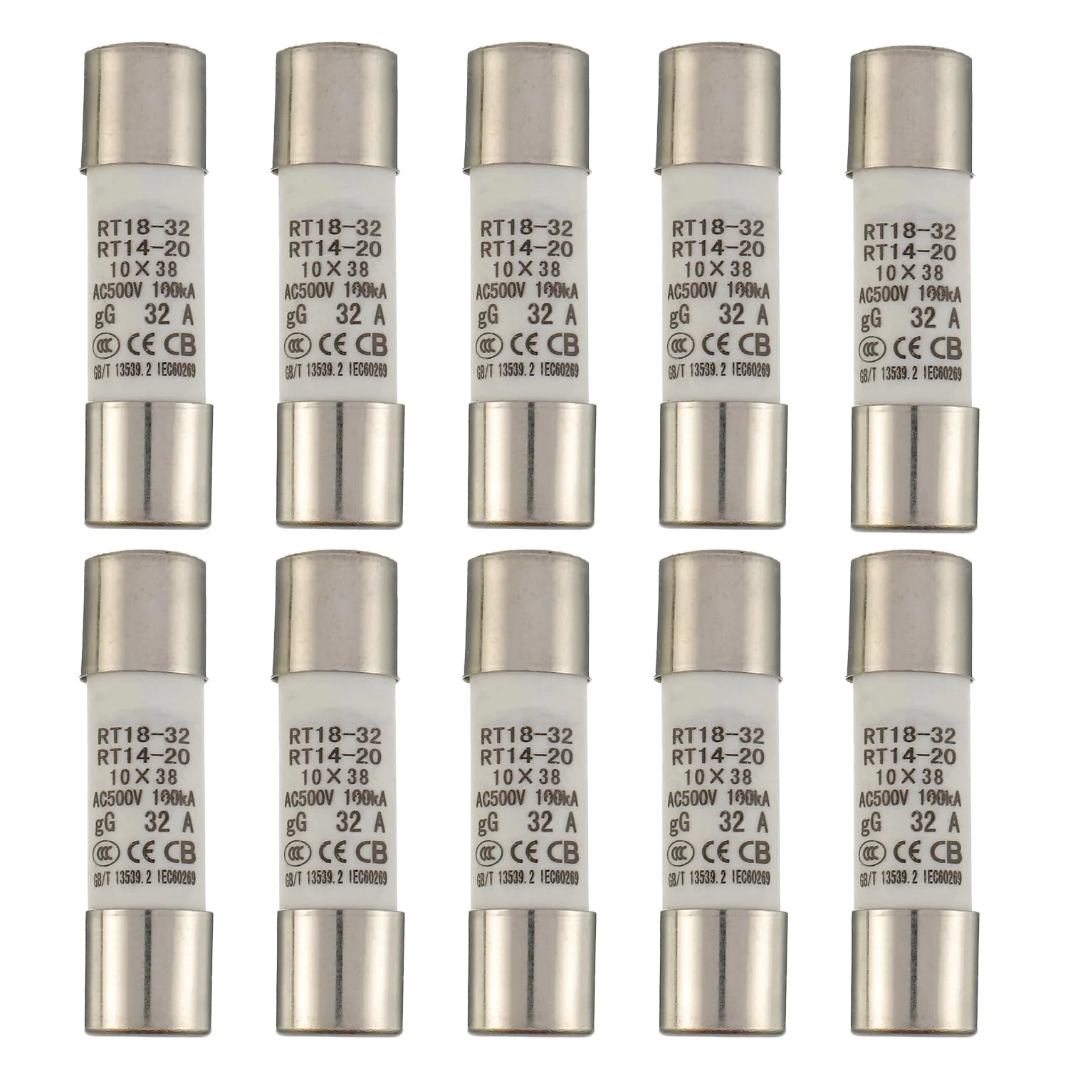فیوز لوله سرامیکی SIGANDG 32A 500V مدل RT18-32 سایز 10x38 میلی متر، فیوزهای استوانه ای ولتاژ بالا (بسته 10 عددی)