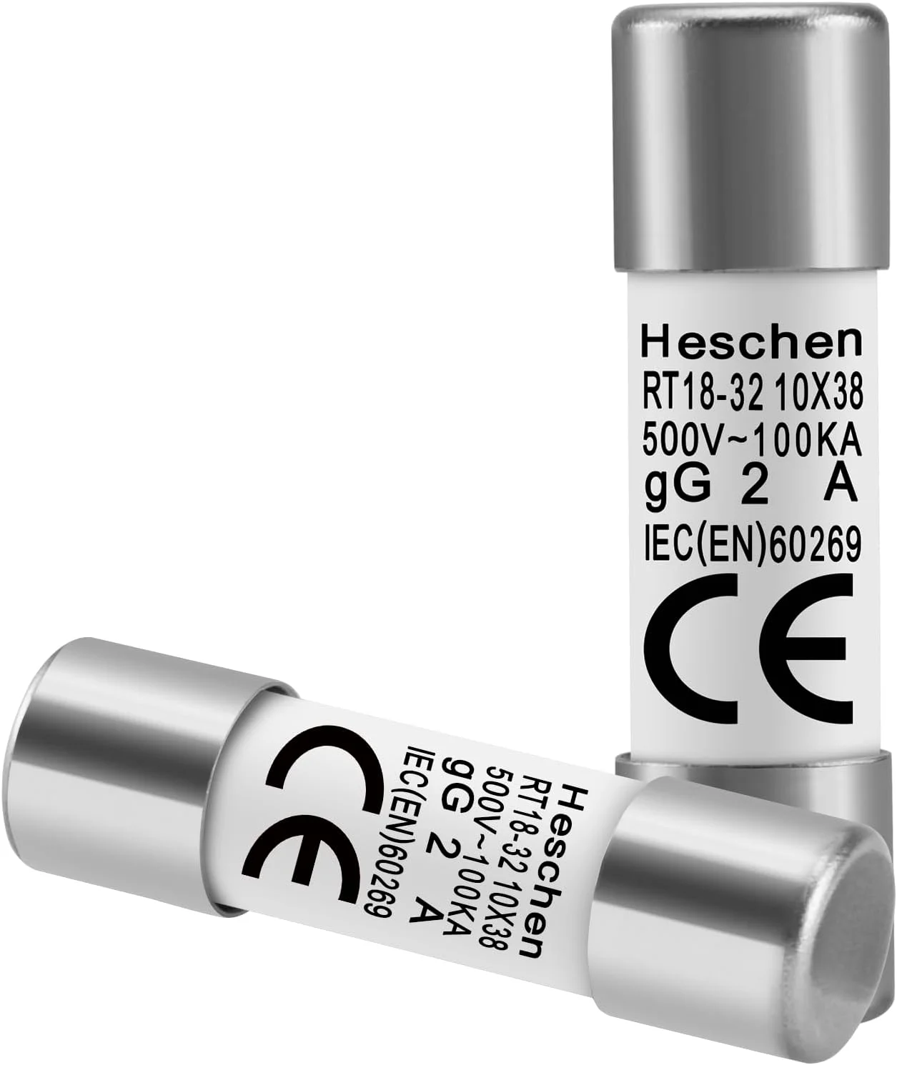 فیوز لوله سرامیکی استوانه ای Heschen، RT18-32 (RO15)، 10 * 38 میلی متر، 2 آمپر 500 ولت، CE، بسته 20 عددی