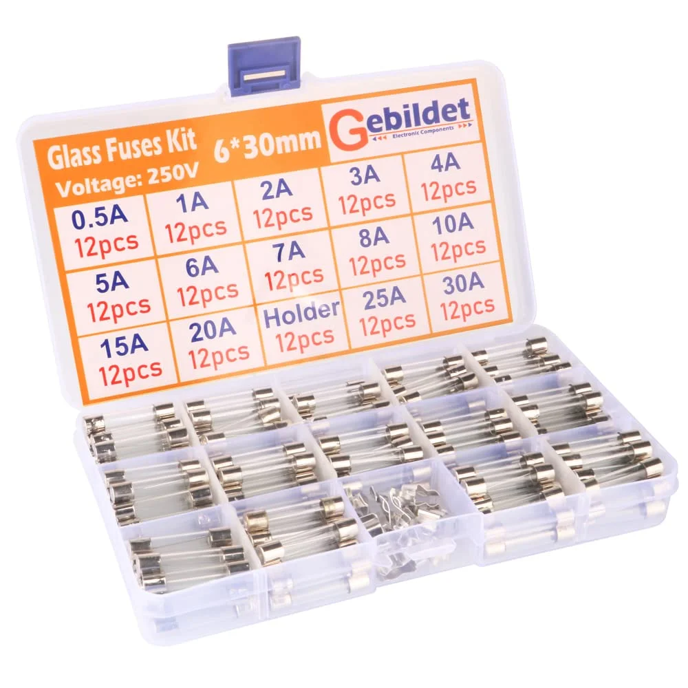 Gebildet بسته 168 عددی فیوز شیشه ای سریع سوز 6×30 میلی متری (0.5A/1A/2A/3A/4A/5A/6A/7A/8A/10A/15A/20A/25A/30A)، کیت متنوع فیوزهای شیشه ای خودرو با 12 عدد نگهدارنده فیوز