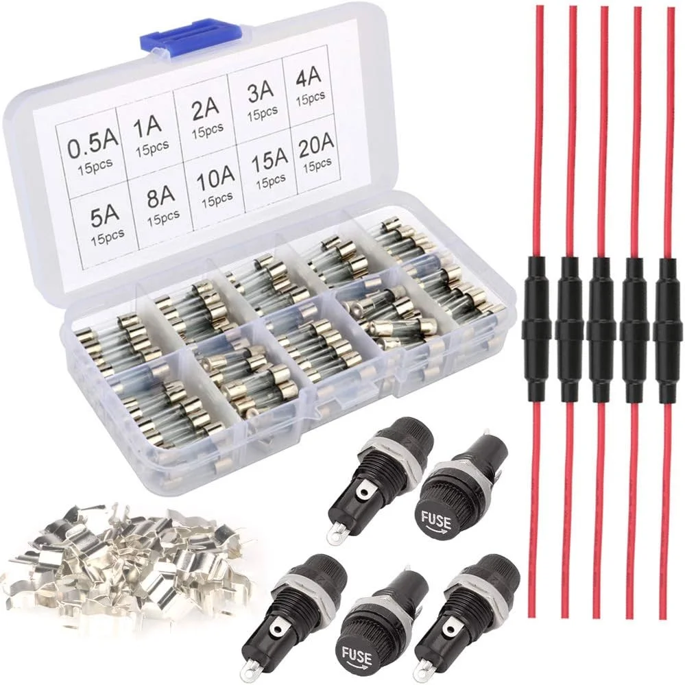 کیت فیوز شیشه ای Gebildet 150 عدد 5x5x20 میلی متر + 5 عدد جا فیوزی AGC خطی با سیم 16AWG + 5 عدد جا فیوزی پنلی + 30 عدد جای فیوز، کیت فیوز سریع سوز