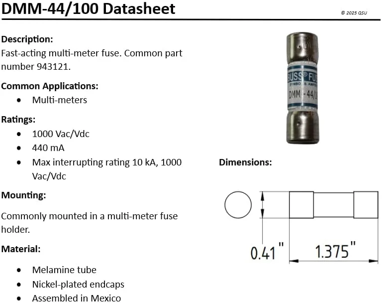 فیوز مولتی متر QSU Kosiy DMM-44/100، 440mA 1000V، Fluke 943121 (بسته 5 عددی)