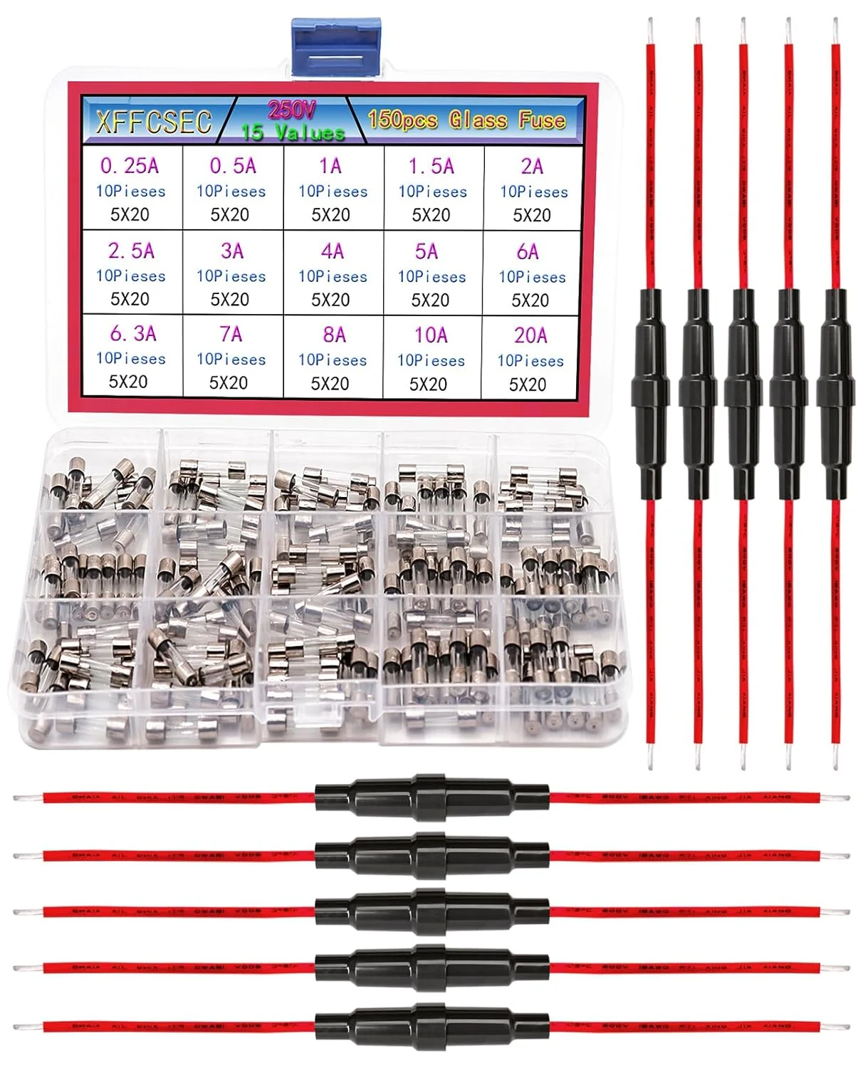 مجموعه فیوزهای شیشه ای XFFCSEC | شامل 150 عدد فیوز شیشه ای 5X20 و 10 عدد جا فیوزی پیچی 18 AWG. 15 مدل جریان: 0.25A، 0.5A، 1A، 1.5A، 2A، 2.5A، 3A، 4A، 5A، 6A، 6.3A، 7A، 8A، 10A، A20