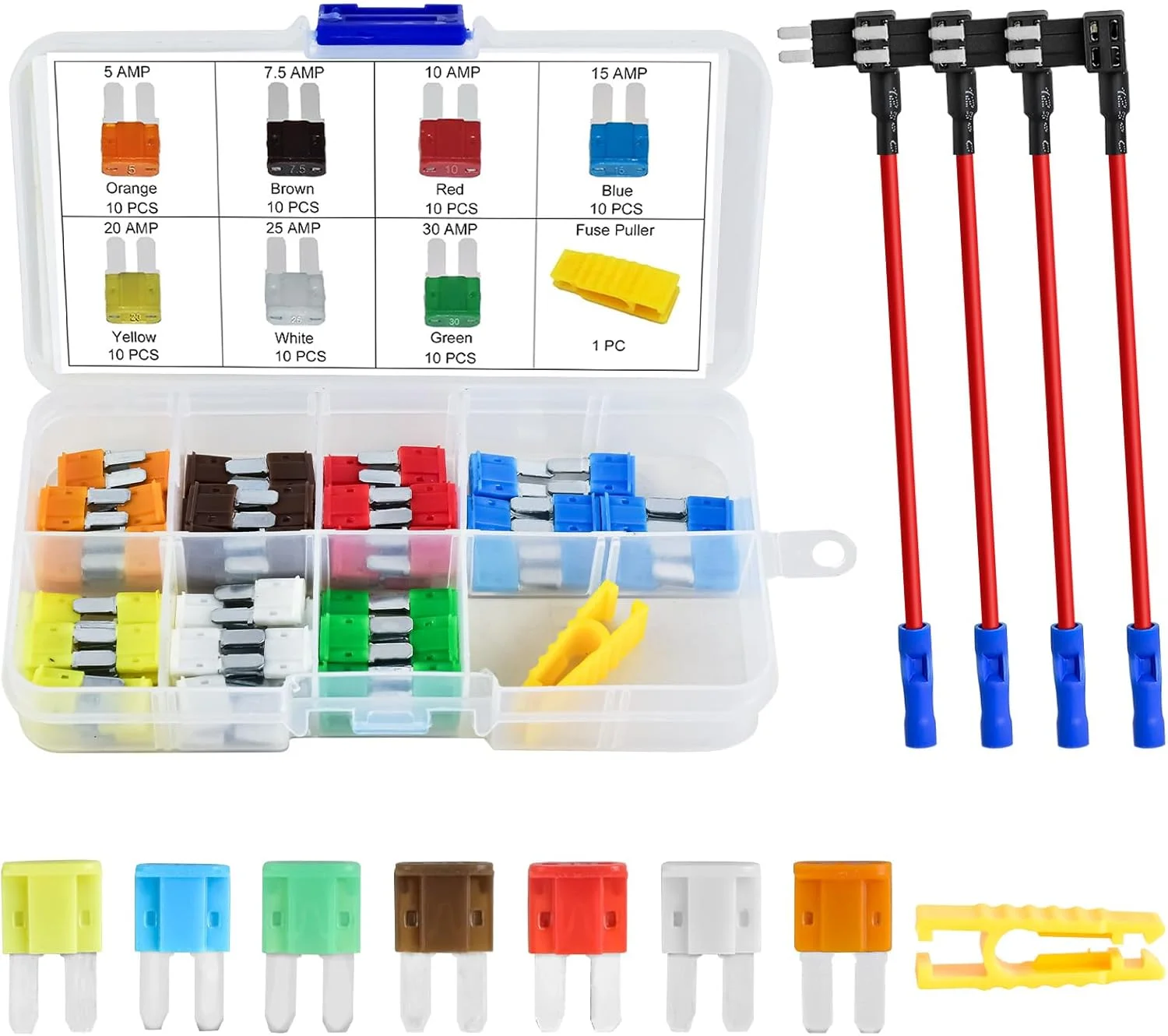 مجموعه فیوز و انشعاب Micro2 MuHize - شامل 70 عدد فیوز Micro2 به همراه انشعاب فیوز، کیت فیوز و نگهدارنده فیوز 12 ولت APT ATR، 4 عدد آداپتور انشعاب فیوز Add-a-Circuit، فیوزهای تیغه ای (5A 7.5A 10A 15A 20A 25A 30A) به همراه فیوز کش