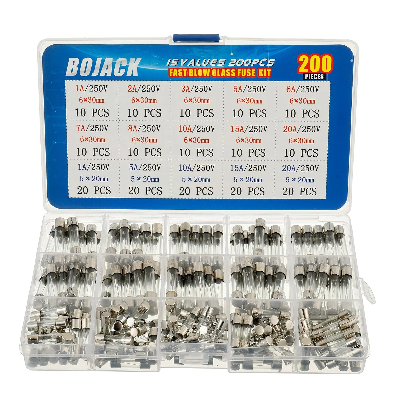 BOJACK کیت متنوع 200 عددی فیوزهای شیشه ای سریع سوز با 15 مقدار مختلف، 5x20mm 250V 1 5 10 15 20A و 6x30mm 250V 1 2 3 5 6 7 8 10 15 20A آمپر، جعبه پلاستیکی شفاف