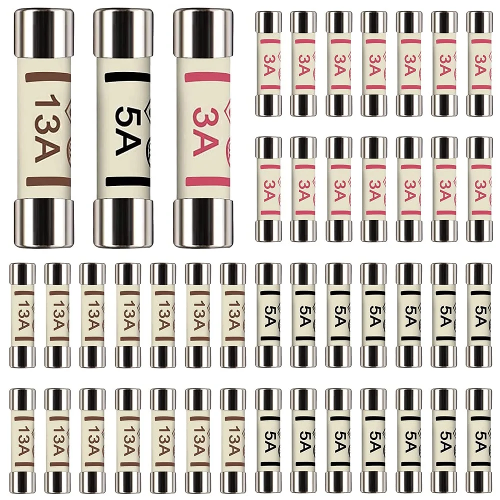 شیائومی Xiatiaosann بسته 42 عددی فیوزهای سرامیکی سریع سوز 6.3 x 25 میلی‌متری با 3 مقدار 3A 5A 13A آمپر 240 ولت، بسته‌بندی شده در جعبه پلاستیکی شفاف