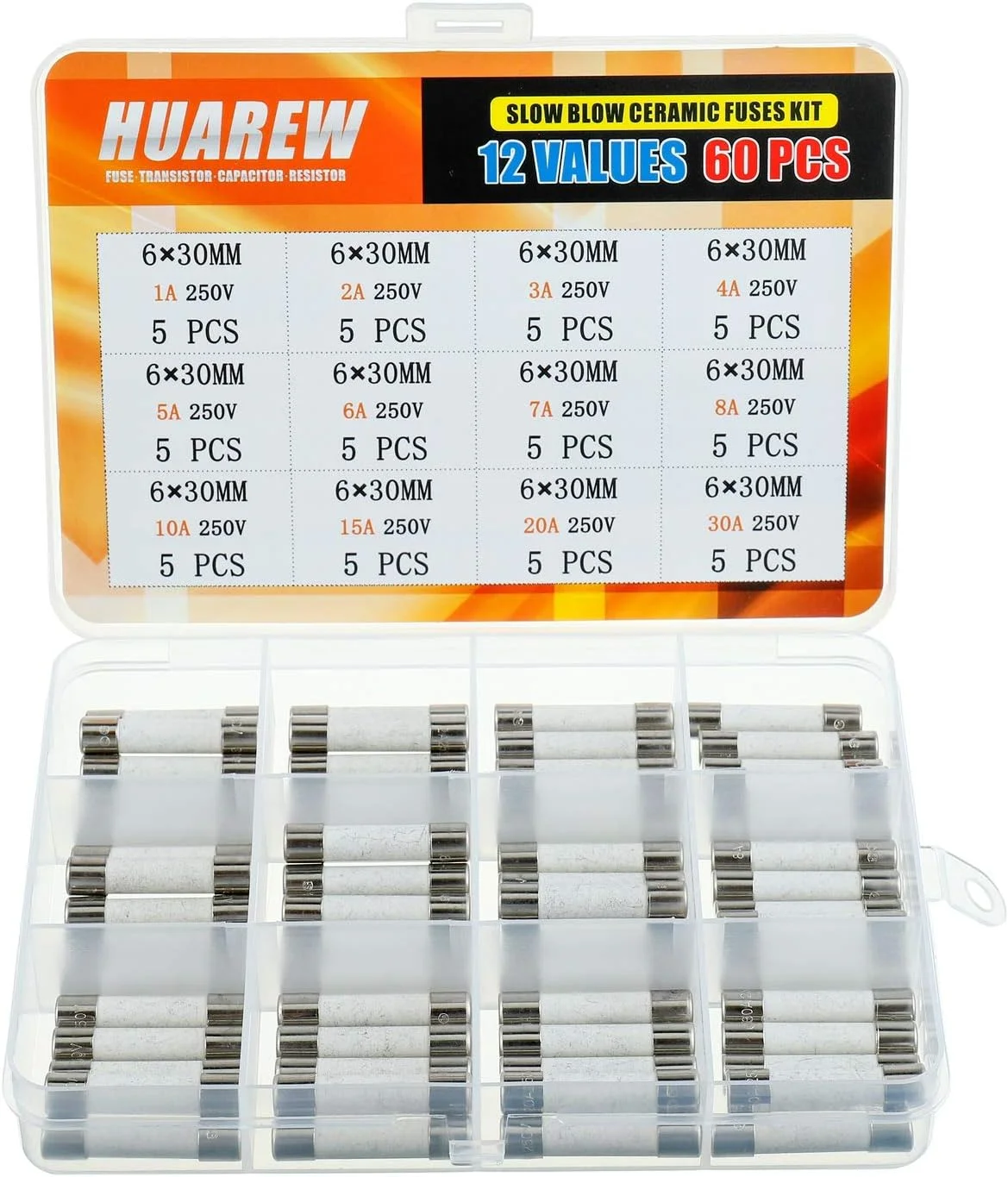 مجموعه فیوزهای سرامیکی تاخیری HUAREW، 12 مقدار مختلف، 60 عدد، 6x30 میلی متر، 1A 2A 3A 4A 5A 6A 7A 8A 10A 15A 20A 30 آمپر 250 ولت