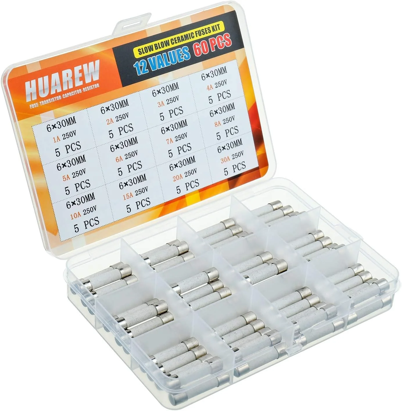 مجموعه فیوزهای سرامیکی تاخیری HUAREW، 12 مقدار مختلف، 60 عدد، 6x30 میلی متر، 1A 2A 3A 4A 5A 6A 7A 8A 10A 15A 20A 30 آمپر 250 ولت مجموعه فیوزهای سرامیکی تاخیری HUAREW، 12 مقدار مختلف، 60 عدد، 6x30 میلی متر، 1A 2A 3A 4A 5A 6A 7A 8A 10A 15A 20A 30 آمپر 250 ولت