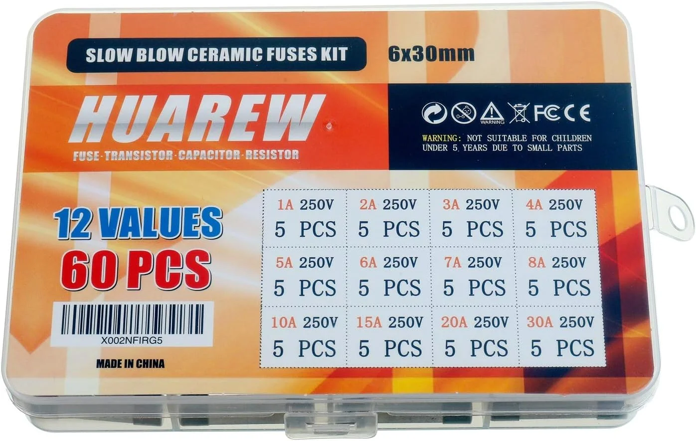 مجموعه فیوزهای سرامیکی تاخیری HUAREW، 12 مقدار مختلف، 60 عدد، 6x30 میلی متر، 1A 2A 3A 4A 5A 6A 7A 8A 10A 15A 20A 30 آمپر 250 ولت مجموعه فیوزهای سرامیکی تاخیری HUAREW، 12 مقدار مختلف، 60 عدد، 6x30 میلی متر، 1A 2A 3A 4A 5A 6A 7A 8A 10A 15A 20A 30 آمپر 250 ولت