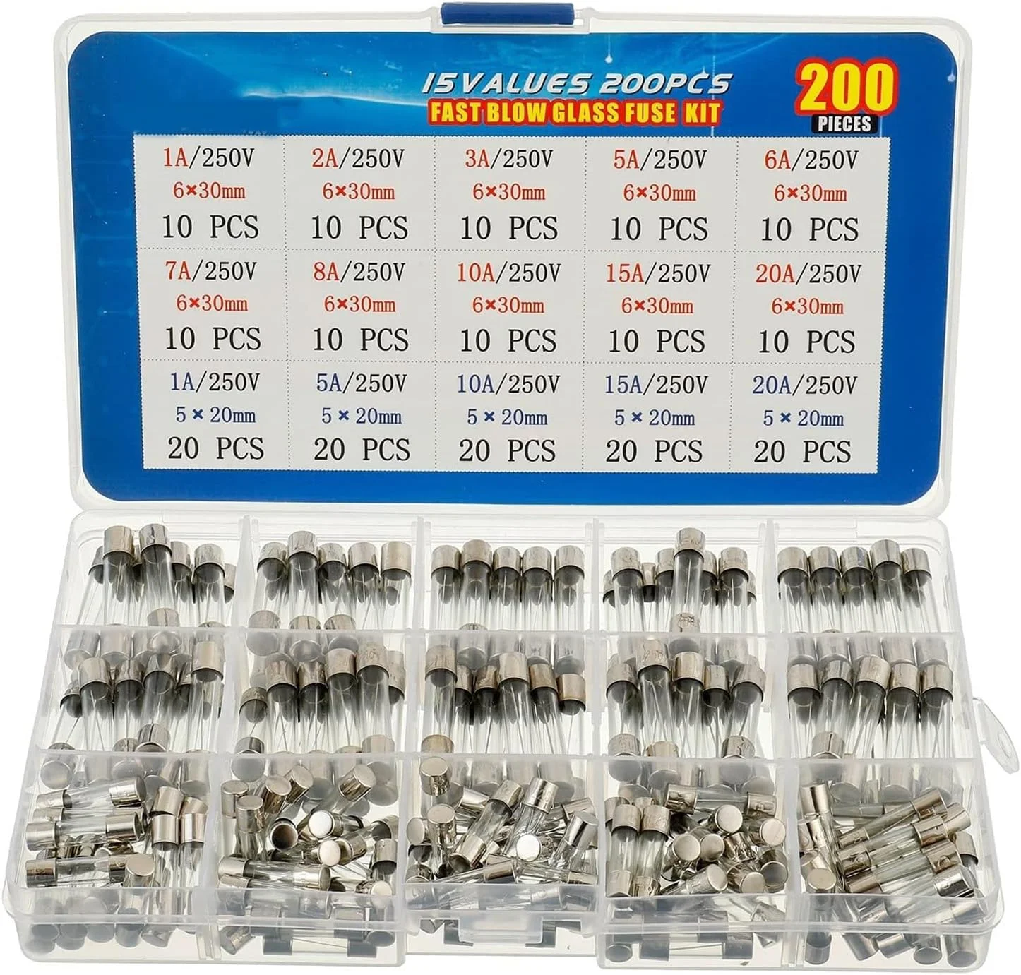 فروشگاه سفید 200 عدد کیت متنوع فیوزهای شیشه ای سریع سوز 5x20mm 250V 1 5 10 15 20A، 6x30mm 250V 1 2 3 5 6 7 8 10 15 20A، همه 15 مقدار آمپر بسته بندی شده در یک جعبه پلاستیکی شفاف