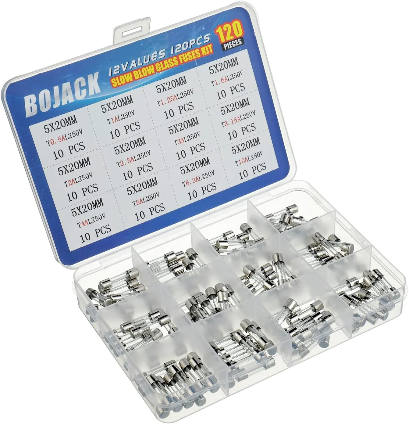 مجموعه 120 عددی فیوز شیشه ای تاخیری BOJACK (5x20 میلی متر، 250 ولت، T0.5A-10A) مجموعه 120 عددی فیوز شیشه ای تاخیری BOJACK (5x20 میلی متر، 250 ولت، T0.5A-10A)