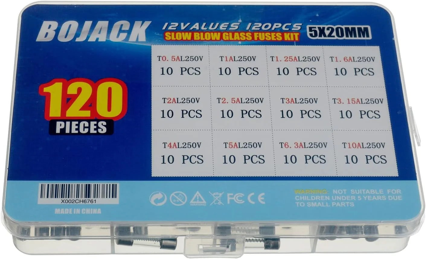 مجموعه 120 عددی فیوز شیشه ای تاخیری BOJACK (5x20 میلی متر، 250 ولت، T0.5A-10A) مجموعه 120 عددی فیوز شیشه ای تاخیری BOJACK (5x20 میلی متر، 250 ولت، T0.5A-10A)