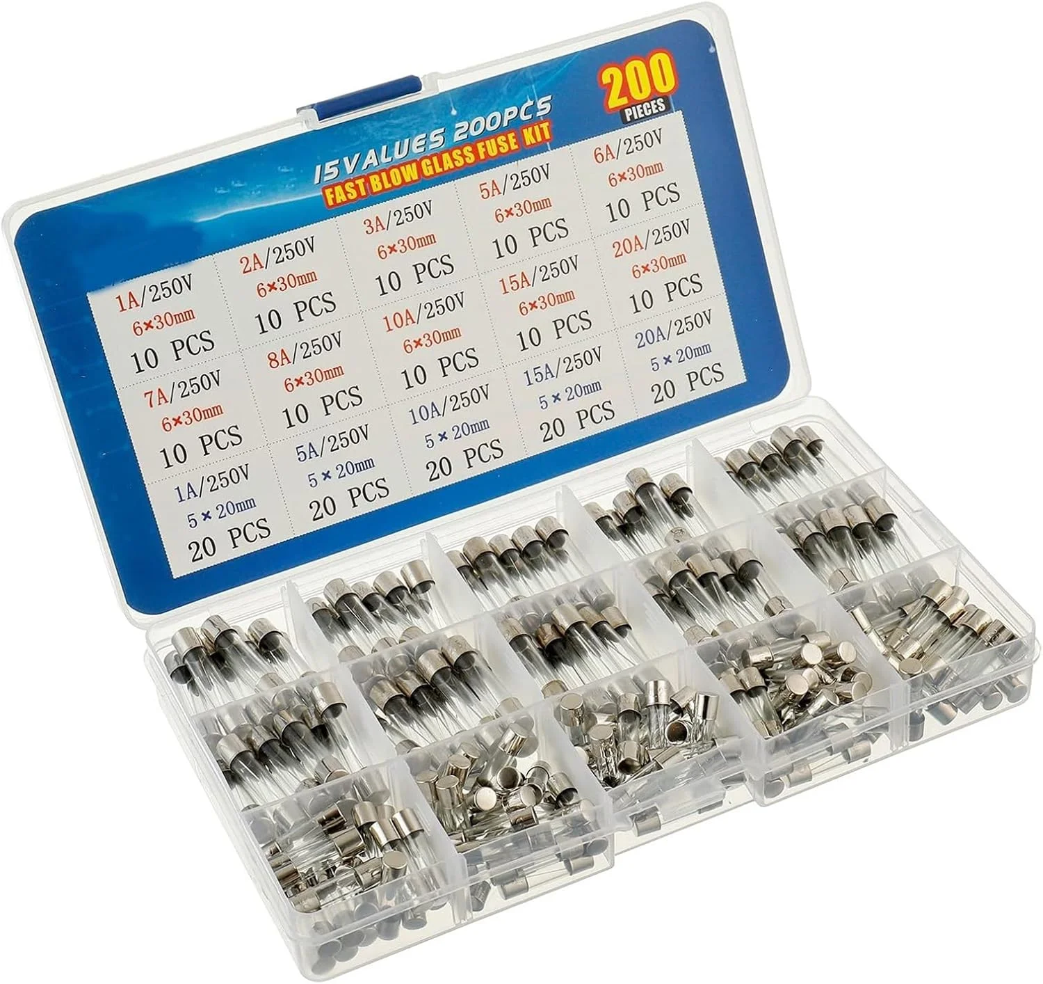 فروشگاه سفید 200 عدد کیت متنوع فیوزهای شیشه ای سریع سوز 5x20mm 250V 1 5 10 15 20A، 6x30mm 250V 1 2 3 5 6 7 8 10 15 20A، همه 15 مقدار آمپر بسته بندی شده در یک جعبه پلاستیکی شفاف فروشگاه سفید 200 عدد کیت متنوع فیوزهای شیشه ای سریع سوز 5x20mm 250V 1 5 10 15 20A، 6x30mm 250V 1 2 3 5 6 7 8 10 15 20A، همه 15 مقدار آمپر بسته بندی شده در یک جعبه پلاستیکی شفاف