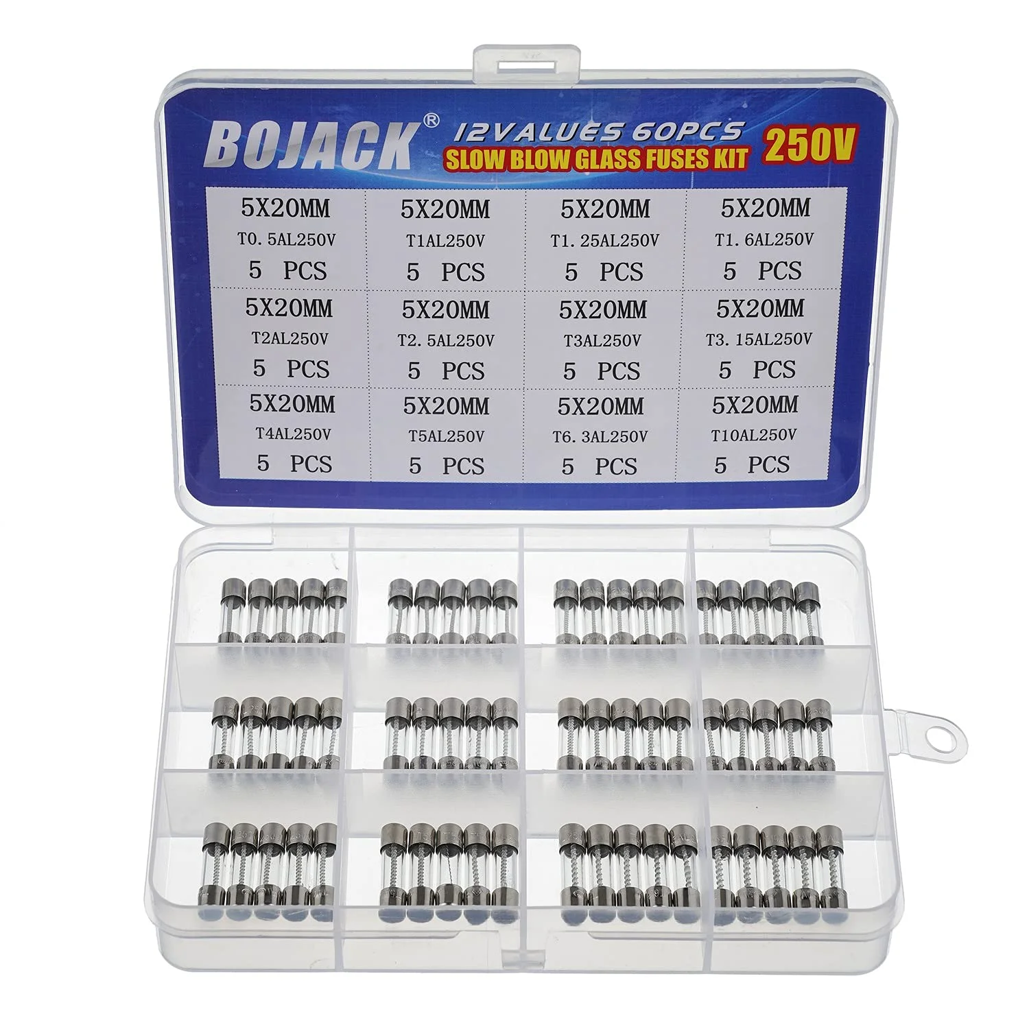 مجموعه فیوز شیشه ای BOJACK شامل 12 مقدار مختلف 60 عددی 5x20mm 250V T0.5A 1A 1.25A 1.6A 2A 2.5A 3A 3.15A 4A 5A 6.3A 10A بسته بندی جعبه پلاستیکی شفاف